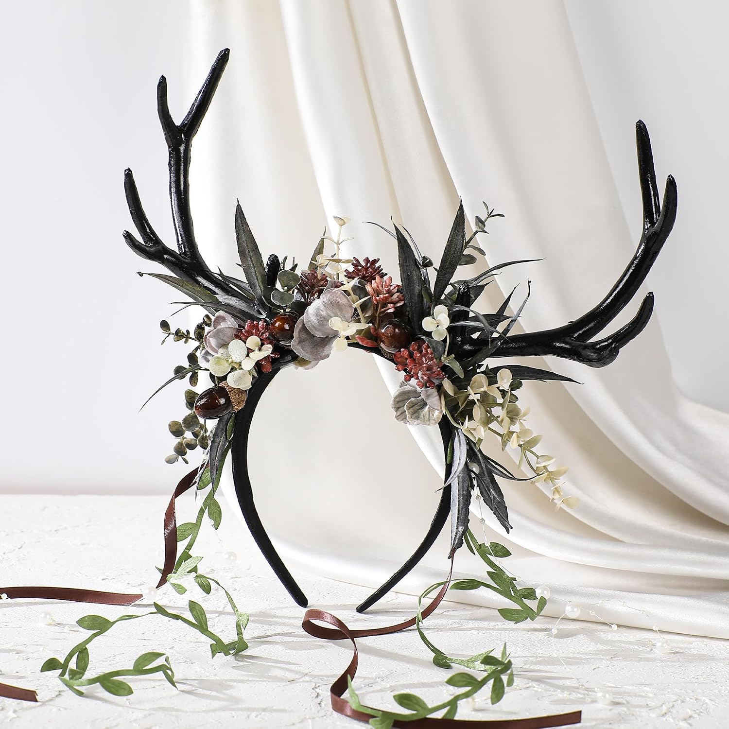 MOSTORY Gothic Flower Antler Headband - Deer Antlers Hairband with Vines for Renfaire Accessories Renaissance Fantasy Cosplay
