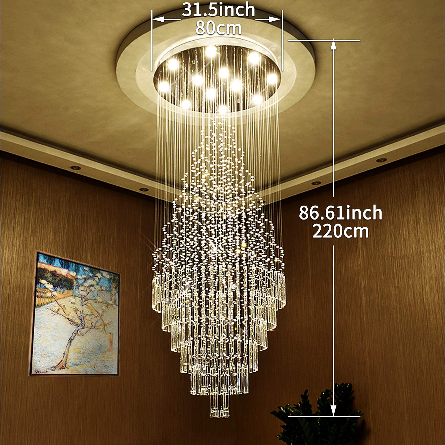 Luxury Large Foyer Chandelier, Modern 12Lights Crystal Round Raindrop