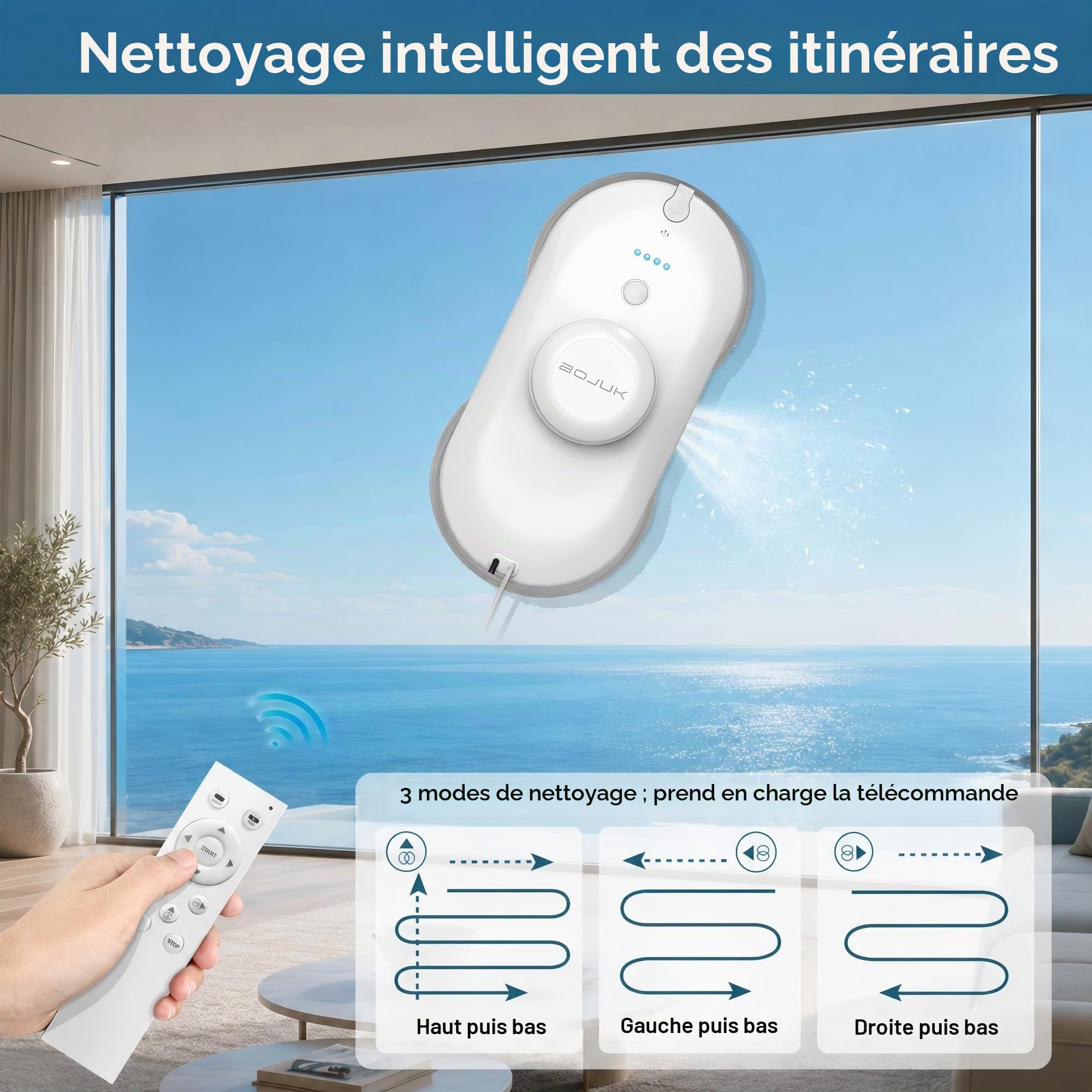 Robot lave-vitres, Robot lave-vitres 5000Pa, Système de pulvérisation double, Réservoir de 100ml, Navigation intelligente, 3 modes, Détection des bords, UPS, Nettoyage sans faille pour le verre