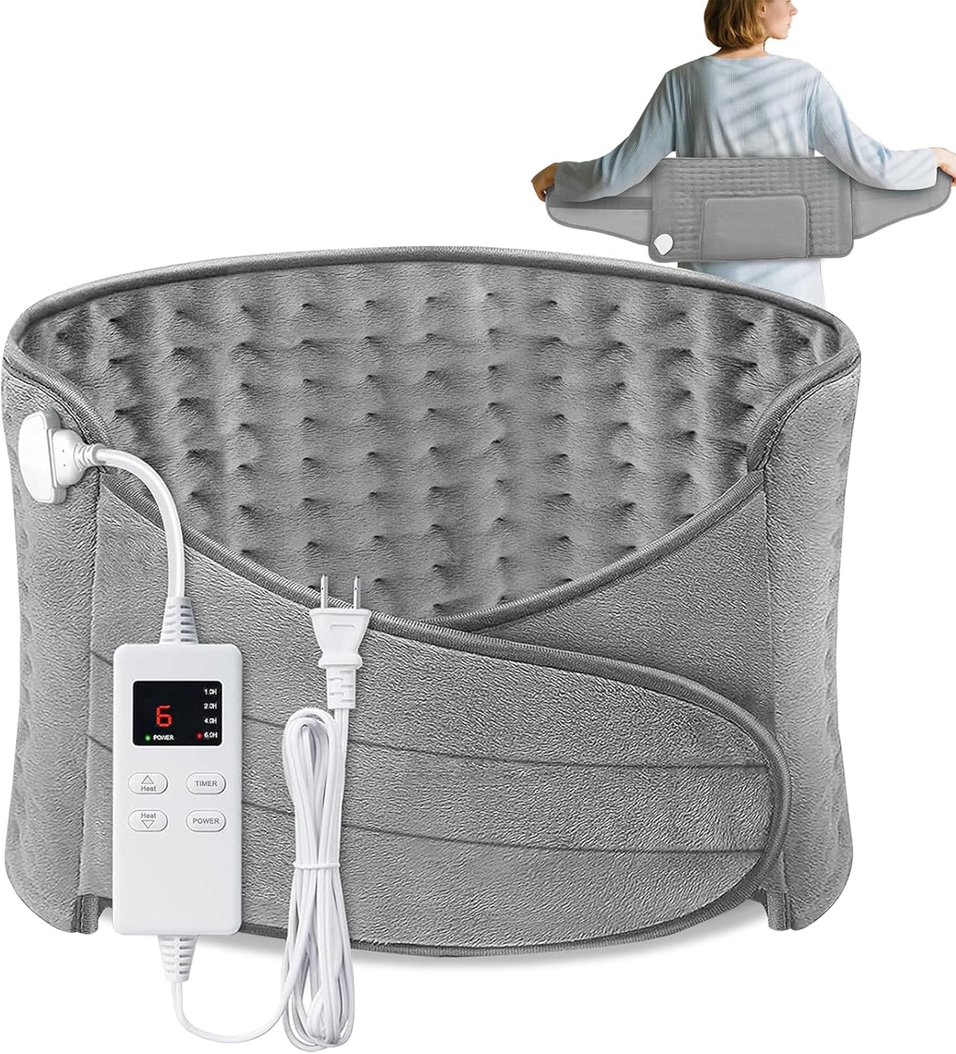 Heating Pad Back Pain Relief Electric Heating Pad for Period Cramps Lower Back Neck Shoulders Pain Relief 6-Hour Auto Off 12x24 Heated Pad + 20" Belt 4 Timer 6 Heat Level Wrap (Gray)