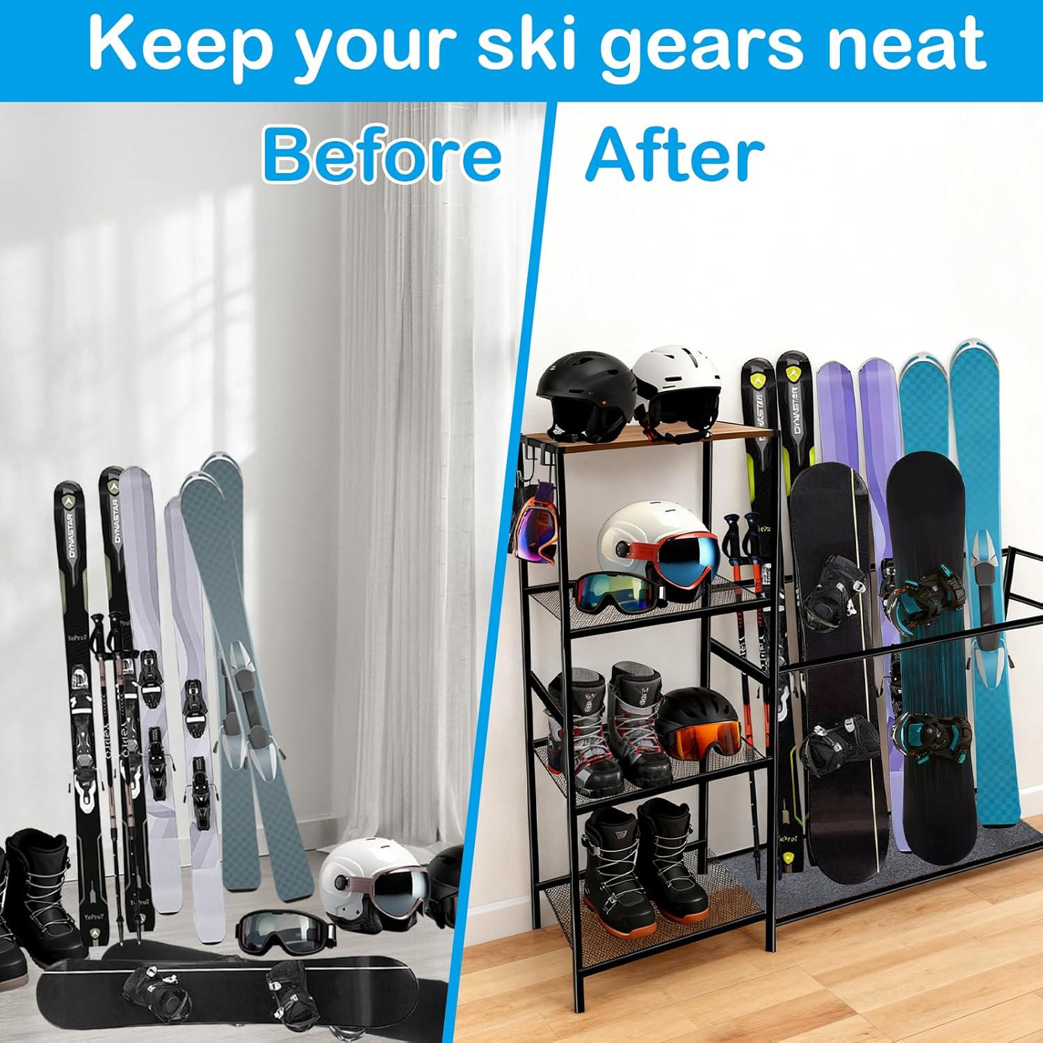 Freestanding Ski Rack for Garage - Ski Holders for 4 Pairs of Skis, Boots, Poles, Goggles, Helmets & Gear, Steel Floor Stand Ski Organizer for Garage, Shed, Basement