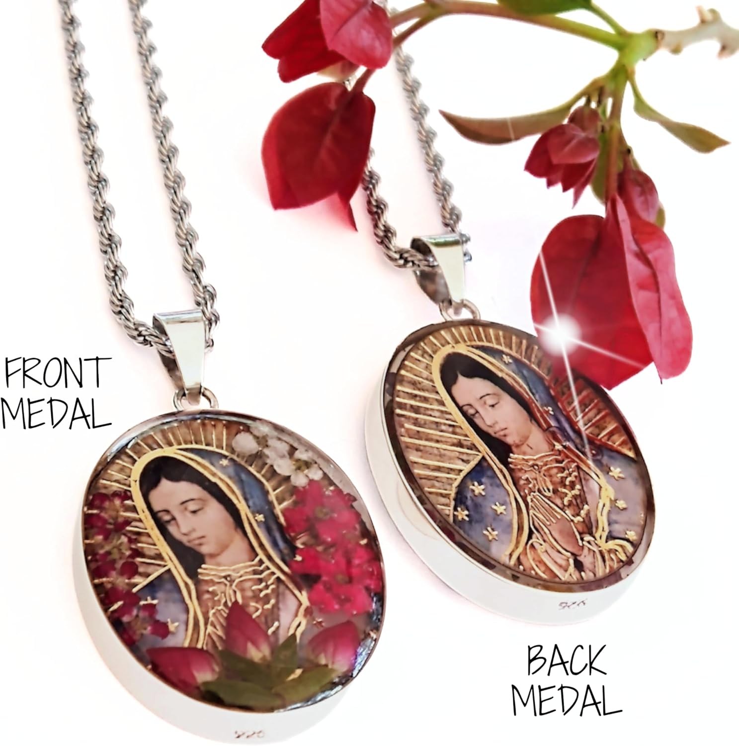 Virgin Mary Necklace Lady of Guadalupe Pendant Medal Pressed Red Flower 925 Sterling Silver with 20" Stainless Steel Chain Medalla Virgen Maria Catholic Religious Mexico Jewelry -Handmade by Mexican Artisans