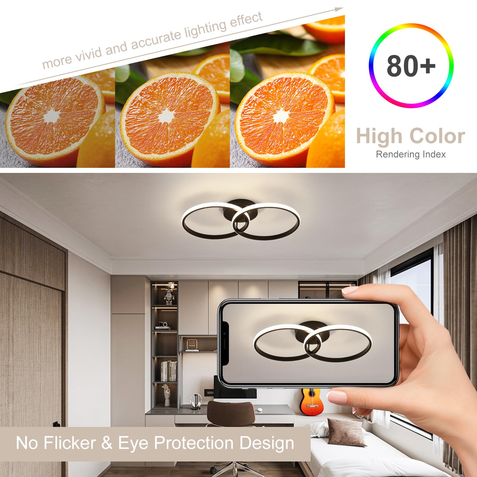 Toolight Plafoniera LED Soffitto, 42W 4725LM Lampadario LED Moderni Rotondo Acrilica, Plafoniera per Cucina Soggiorno Camera da Letto, Luce Bianco Naturale 4500K, Nero, 54CM