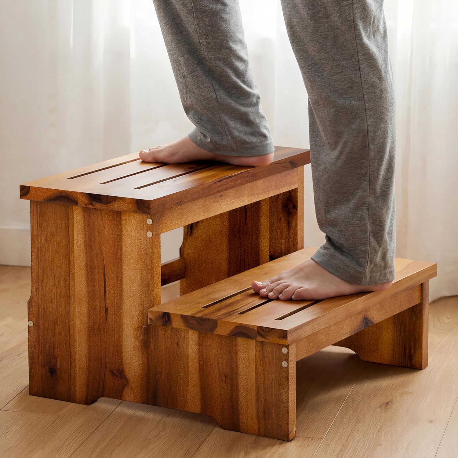 TINAMO 16.5" Long Step Stool for Adult - Acacia Wood Two Step Stool 500 Lbs - Wooden Riser 2-Step Spa & Hot Tub Stairs for Pool - Heavy Duty 2 Step Stools for Bed, Kitchen (Patent Pending)