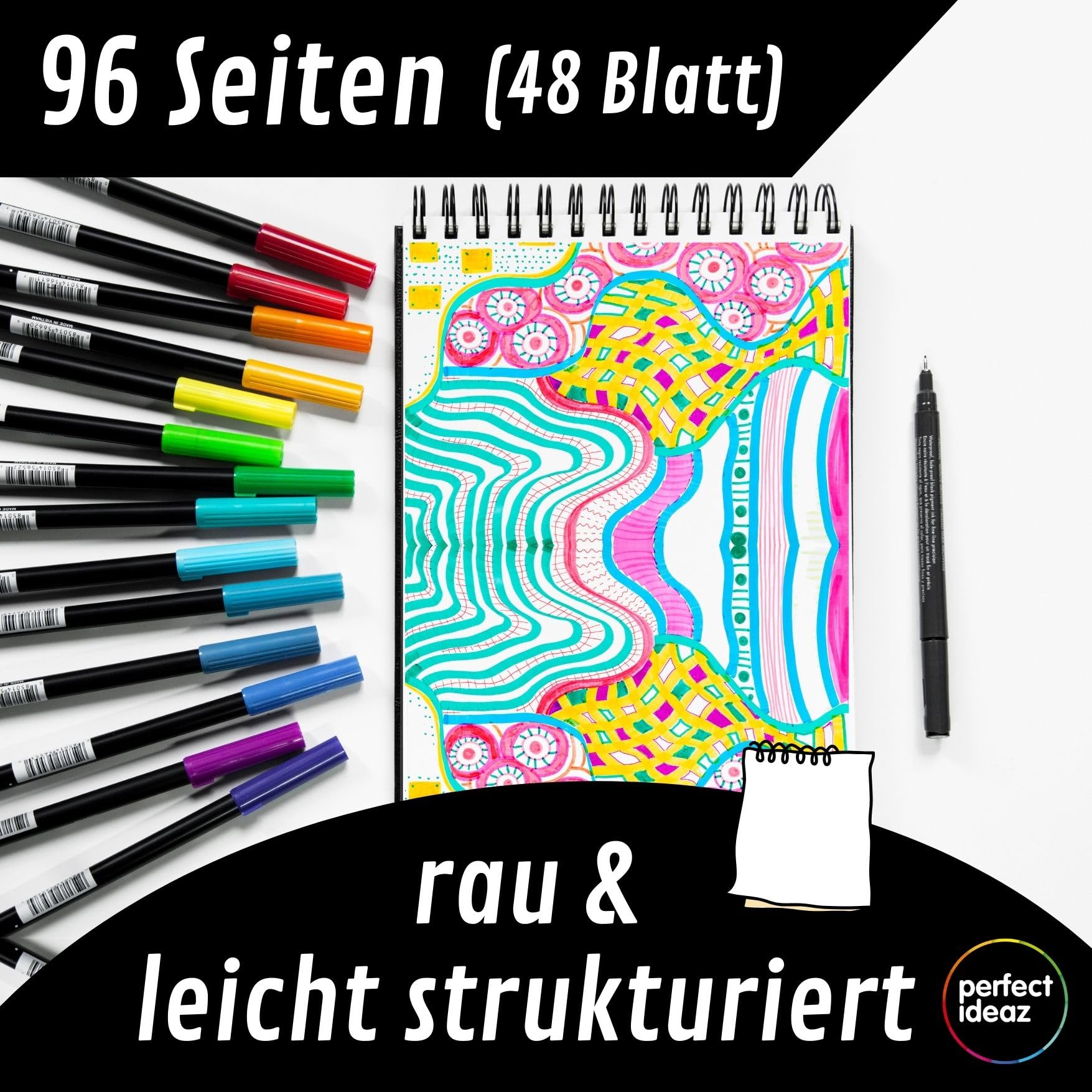 perfect ideaz - Set di 12 album da disegno DIN A4 orizzontale, rilegatura a spirale, certificato FSC, 96 pagine (48 fogli), copertina rigida nera, Sketchbook, carta spessa 200 g/m², senza acidi (12