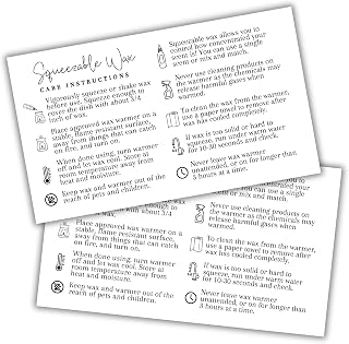 Squeezy Squeeze Squeezable Wax Bottle Care Instruction Cards | 50 pk 3.5 x 2” Minimalist for Scented Liquid Wax Client Label Warning Sticker Label