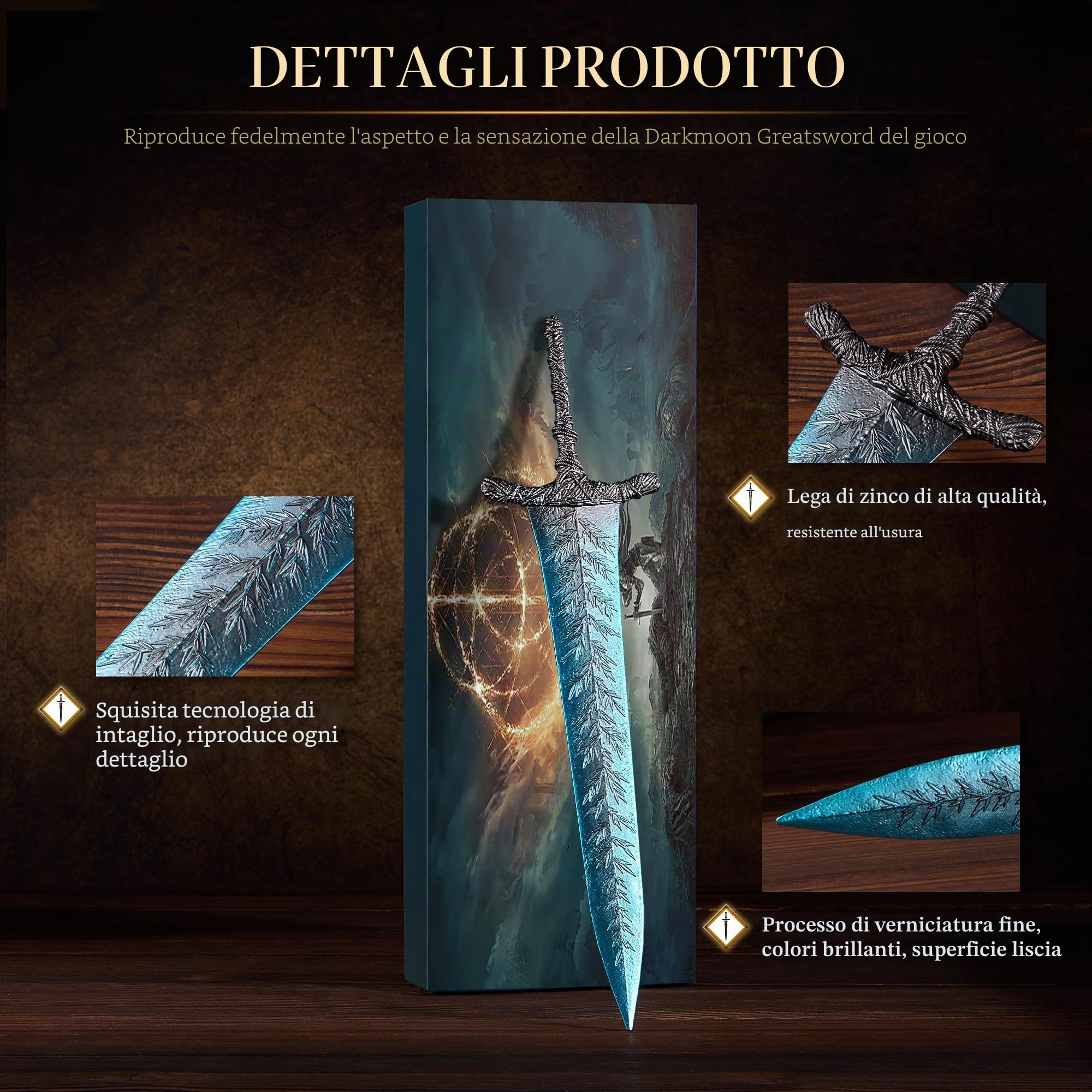RACEROCKET Elden Ring Mandoble Luna Oscura - Spada dritta da cavaliere, modello da 30 cm, spada artigianale in metallo con supporto da esposizione, spade per arti marziali, action figure giocattolo