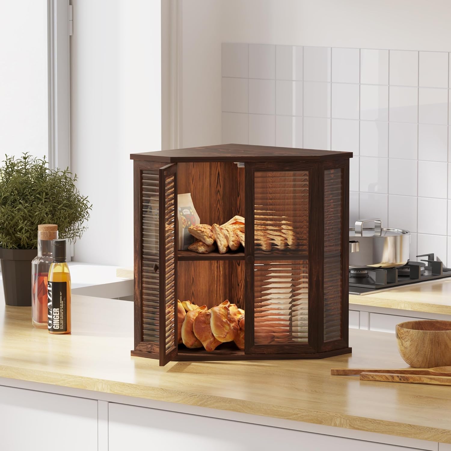 Corner Bread Box for Kitchen Countertop, Premium Wood with Glass Door, Stainless Steel, 16.5x16x9 Inches, Large (Pine wood)