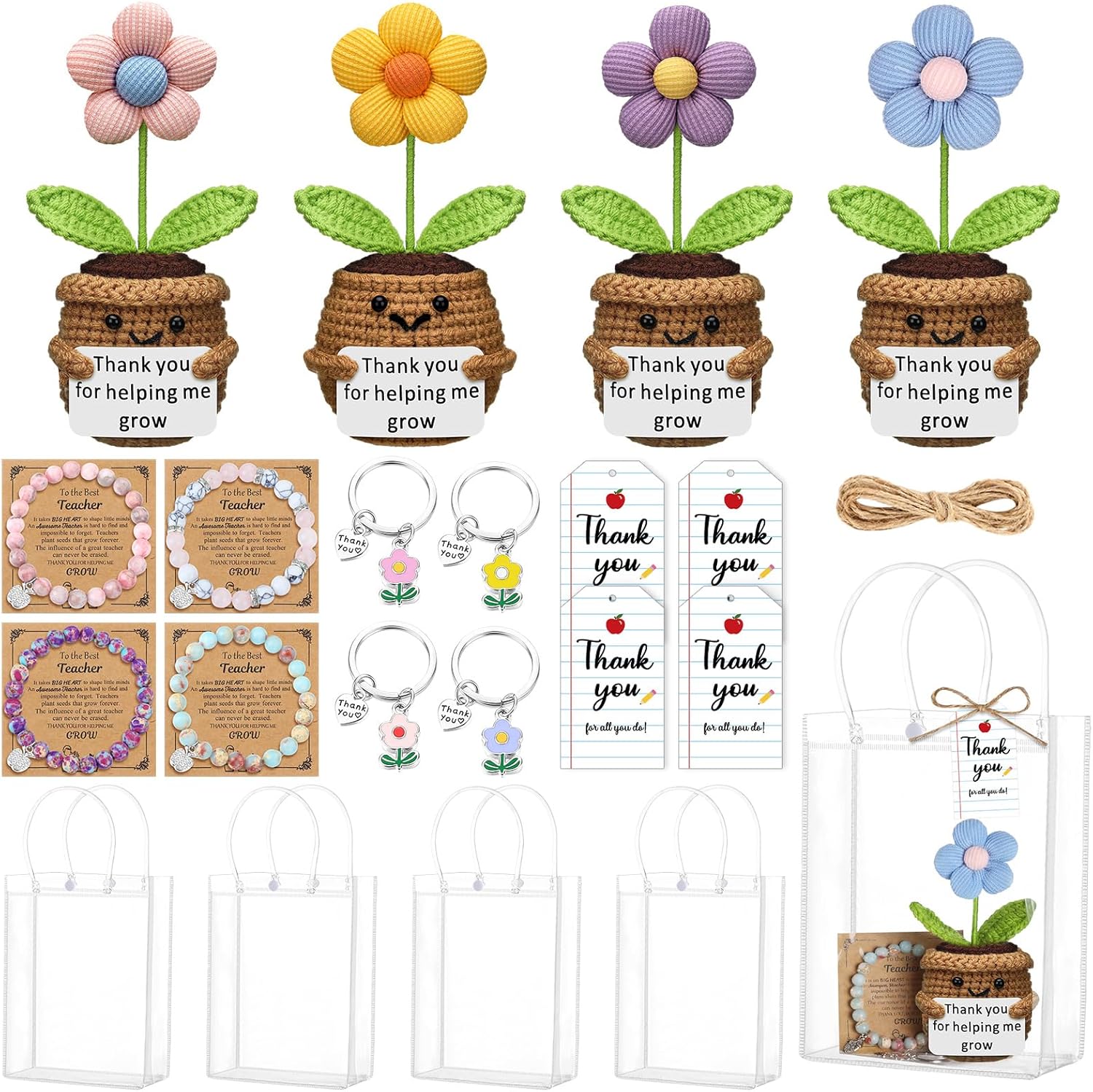 Wavwavw 4 Sets Teacher Appreciation Gifts Bulk Include Crochet Flower Dolls Thank You Crochet Gift Bracelets Keychains Appreciation Bags with Cards Tags End of Year Teacher Gifts(Flower)