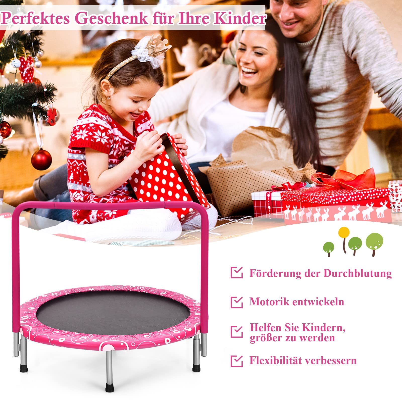 GYMAX Cama Elástica Infantil 92 x 92 x 80,5 cm, Cama Elástica Plegable con Mango de Espuma y Almohadilla de Seguridad, Mini Trampolín para Niños, Entrenamiento de Salto para Interior y Exterior