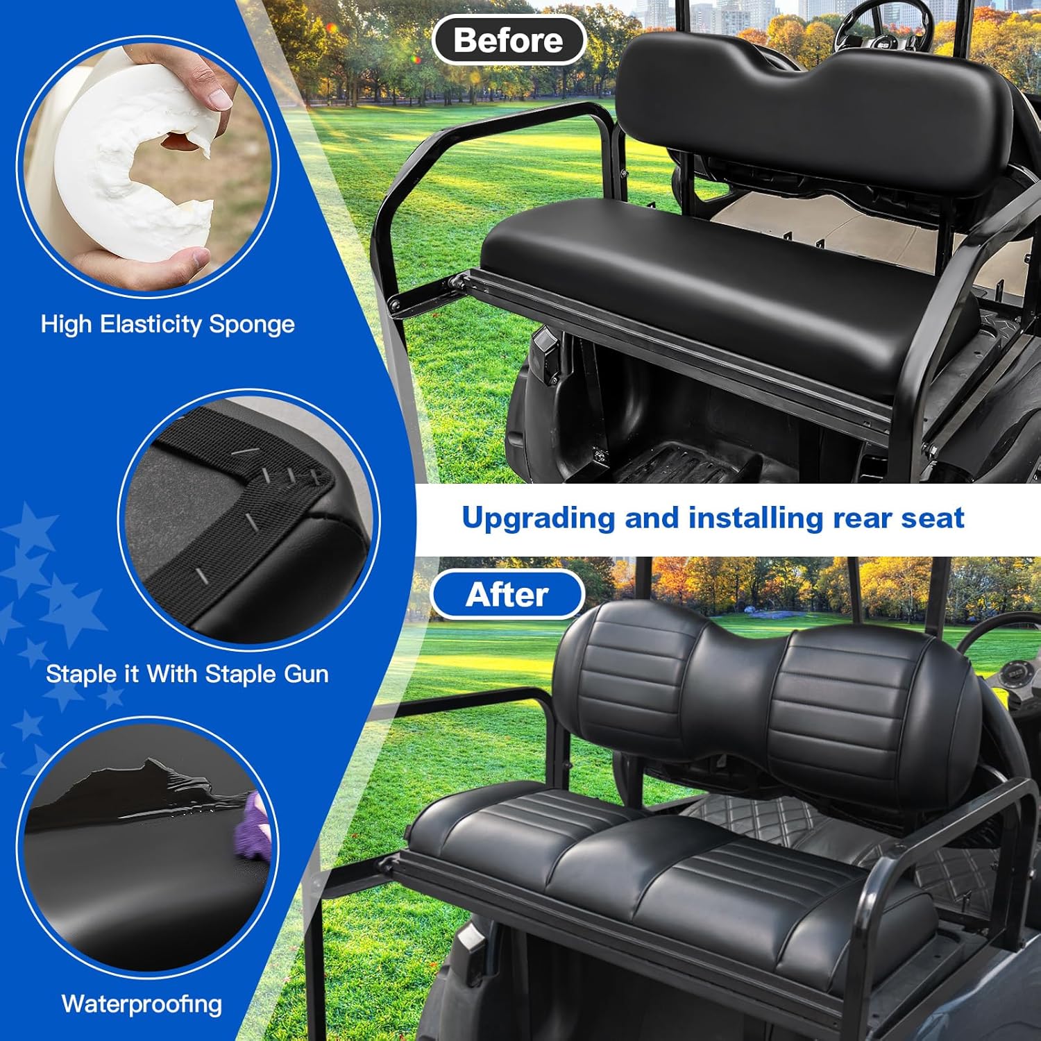 NOKINS Golf Cart Premium Rear Seat Cushion for Aftermarket Standard Rear Seat,Seat Back & Seat Bottom Cushion Assembly (Black, Fits Aftermarket Standard Rear Seat)