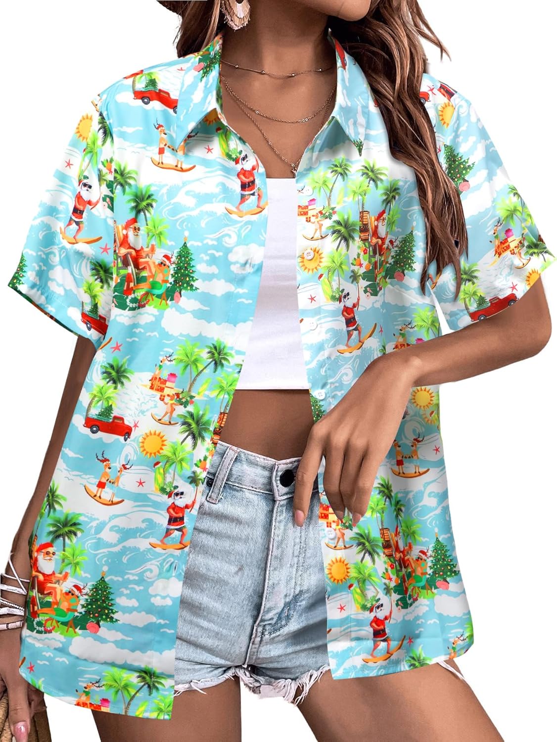Christmas Shirts Women Hawaiian Christmas Button Down Shirt Funny Christmas Graphic Short Sleeve Button Up Tops - Image 2