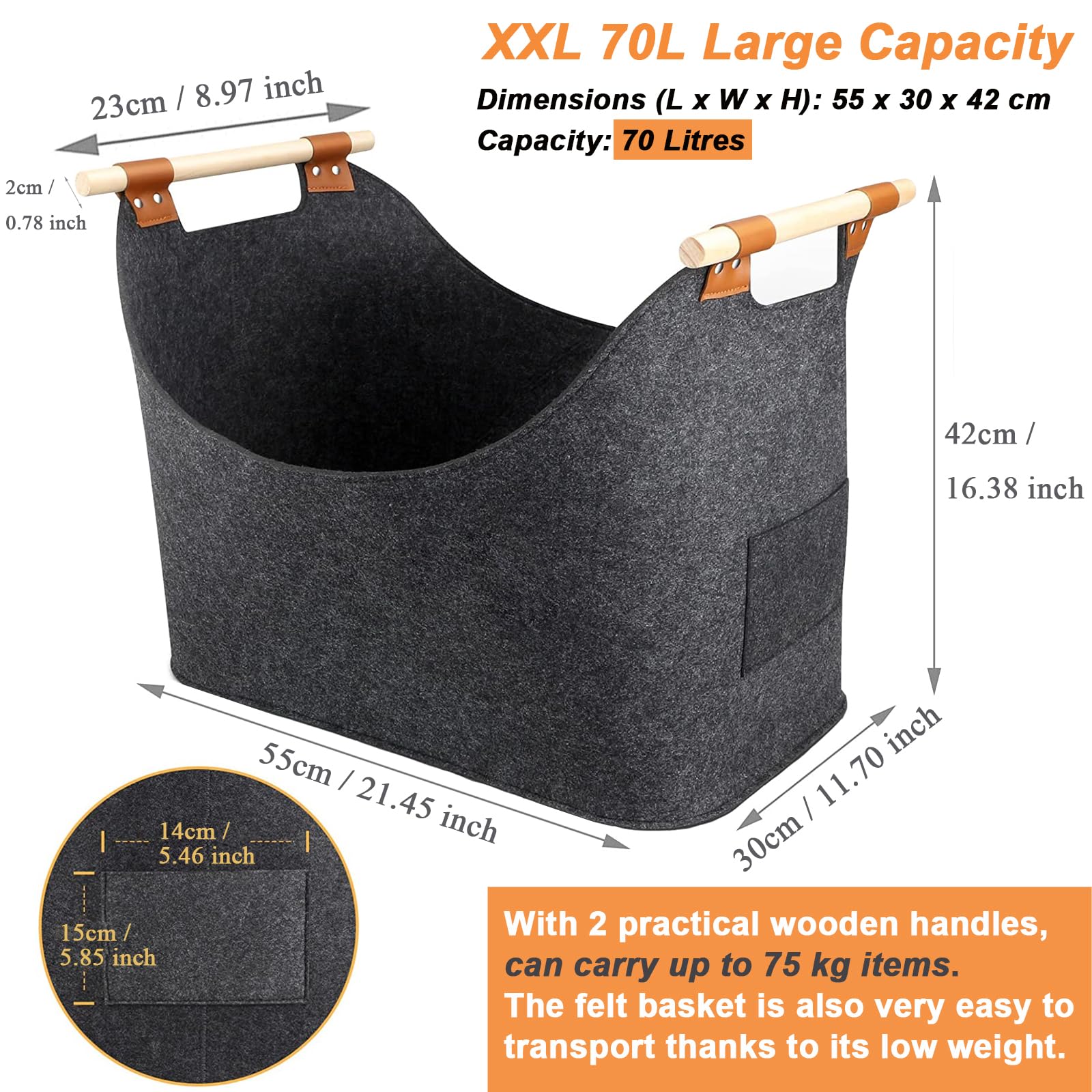 Cesta De Fieltro Para Leña De 70L - Grande, Plegable, Con Mango De Madera, Para Chimenea Y Almacenamiento