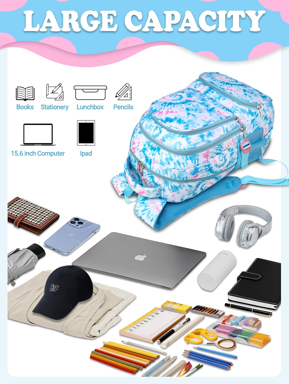 BLUEFAIRY Kids Backpack for Girls Elementary Primary Middle School Bags for Aged 8-10 for Teens Childs Bookbags Back to School Book Bags Mochilas para Niñas de 6 7 8 9 10 Años Tie-dye Blue - Image 7