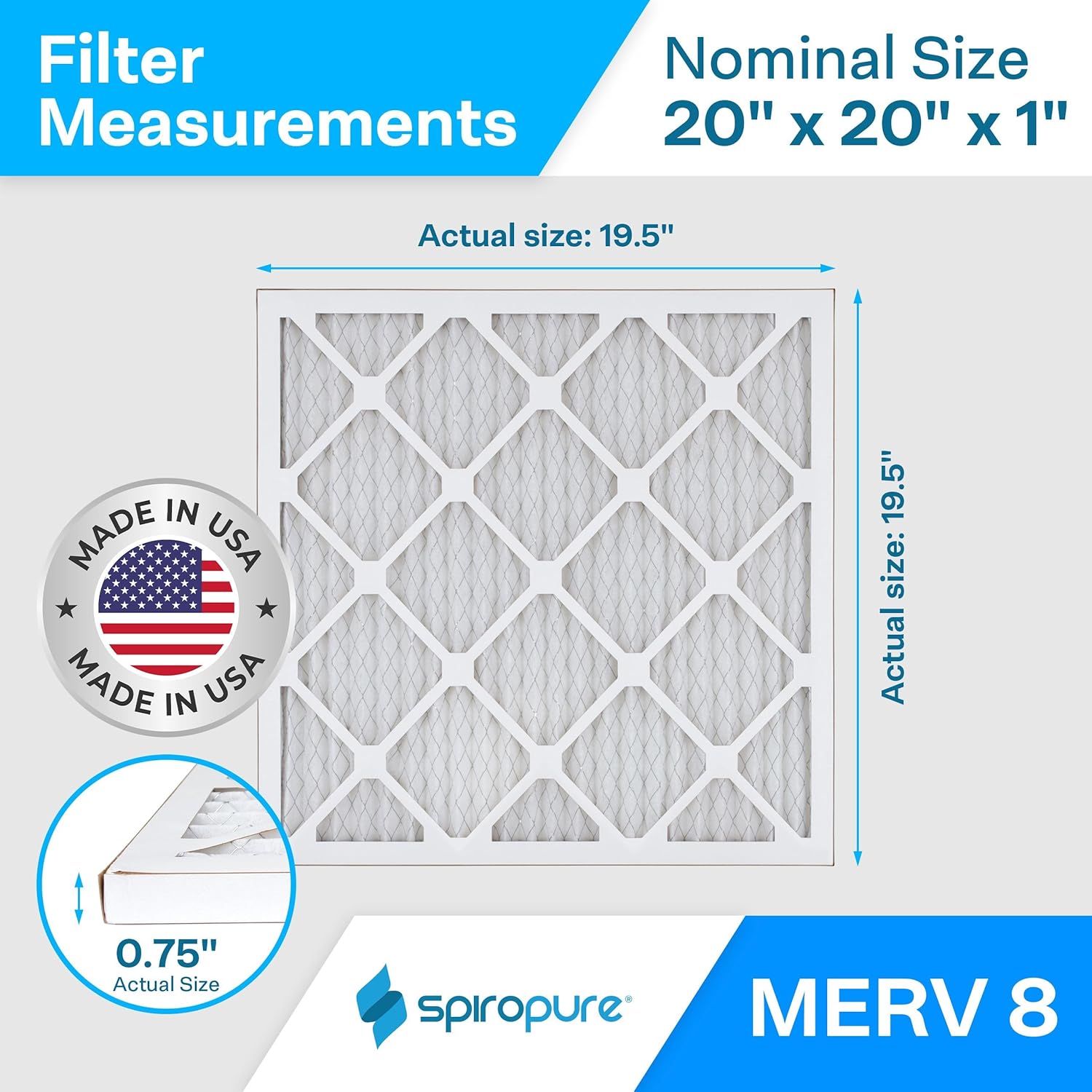 SpiroPure 20X20X1 MERV 8 Pleated Air Filters - Made in USA (6 Pack)
