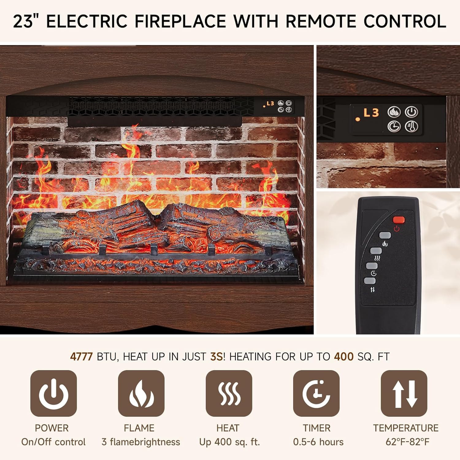 Farmhouse Fireplace TV Stand, Media Entertainment Center with 23" Electric Fireplace, TV Table for TVs up to 65 Inch, Rustic Media Console Table with Refrigerator Storage Door for Living Room,Brown