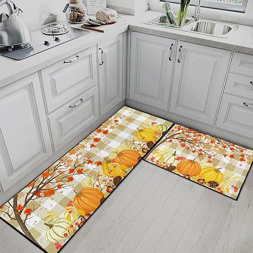 Miniatura 2 de Arttown Juego de 2 alfombras y tapetes de cocina de otoño, antideslizantes, lavables, juego de 2, calabazas de Acción de Gracias, cosecha, tapetes
