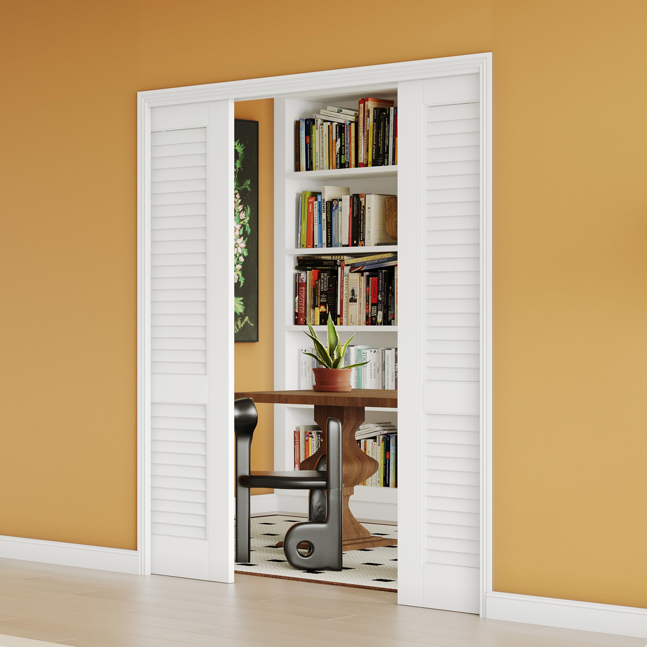 56" x 80" Sliding Pocket Door, Louvered Pantry Doors with Frame and Hardware Kit, Interior Door, White Primer Closet Doors - No Panel Assembly Required