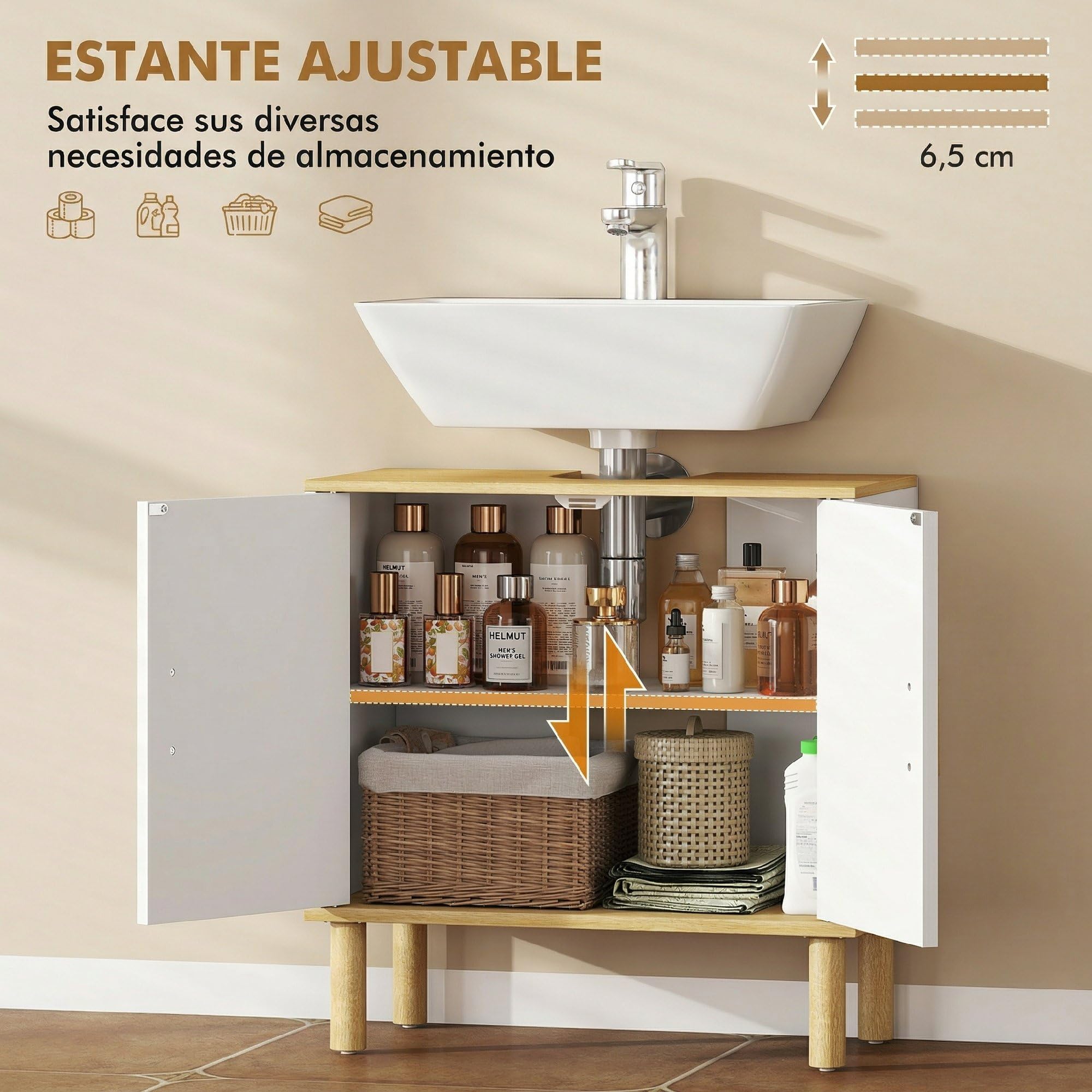 HOMCOM Mueble Bajo Lavabo de Baño con Estante Ajustable 60x30x61 cm Blanco | Mueble de Baño, Puertas Acanaladas, Patas de Madera, para Lavabo sin Pedestal