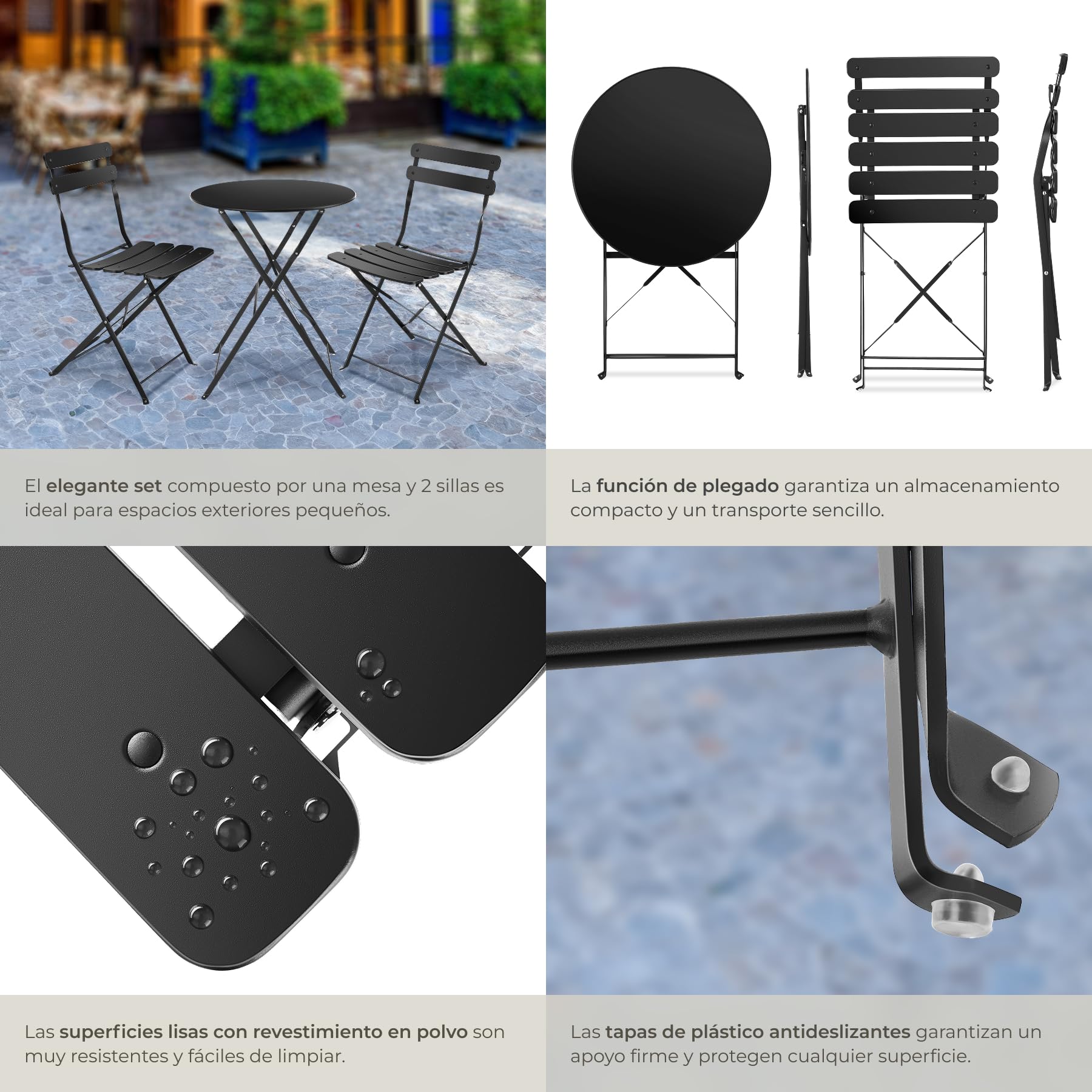 tectake® Conjunto Muebles Jardín Exterior de Mesa de Bistró y 2 Sillas, Plegables, Tapas Antideslizantes, Mesa y Sillas Terraza Estilo Retro con Estructura de Acero, Ideal Balcones Pequeños - Negro