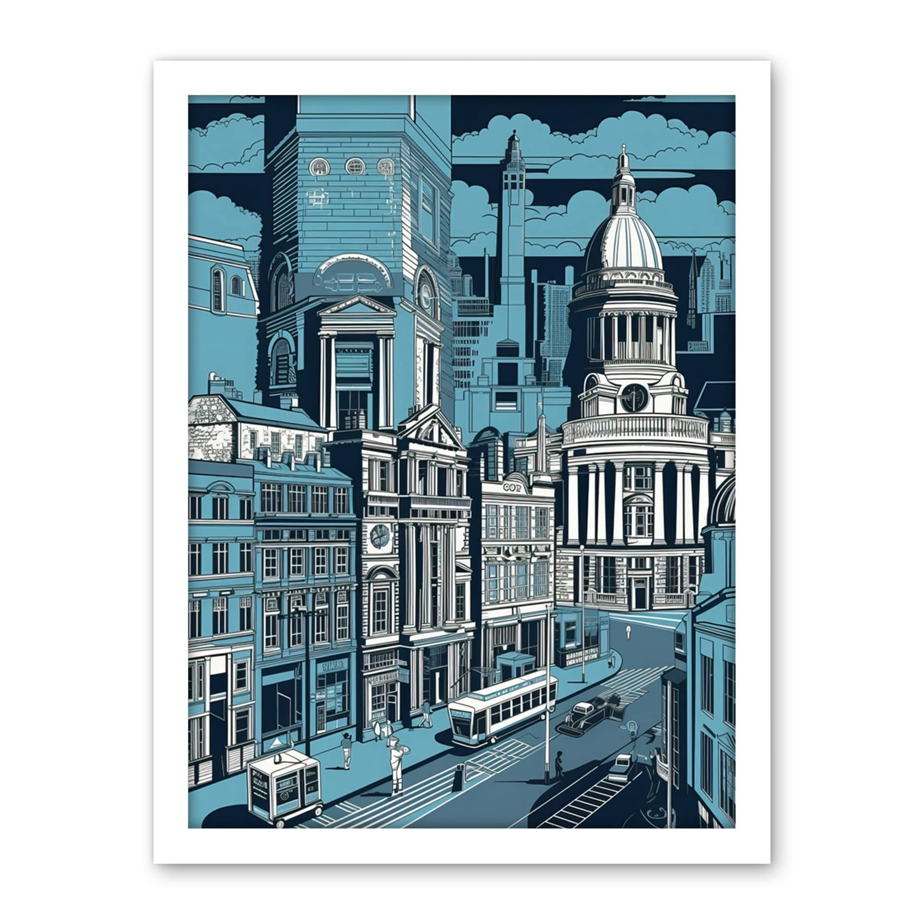 Artery8 Belfast Cityscape City Centre Hall Linocut Style Artwork Framed Wall Art Print 18X24 Inch