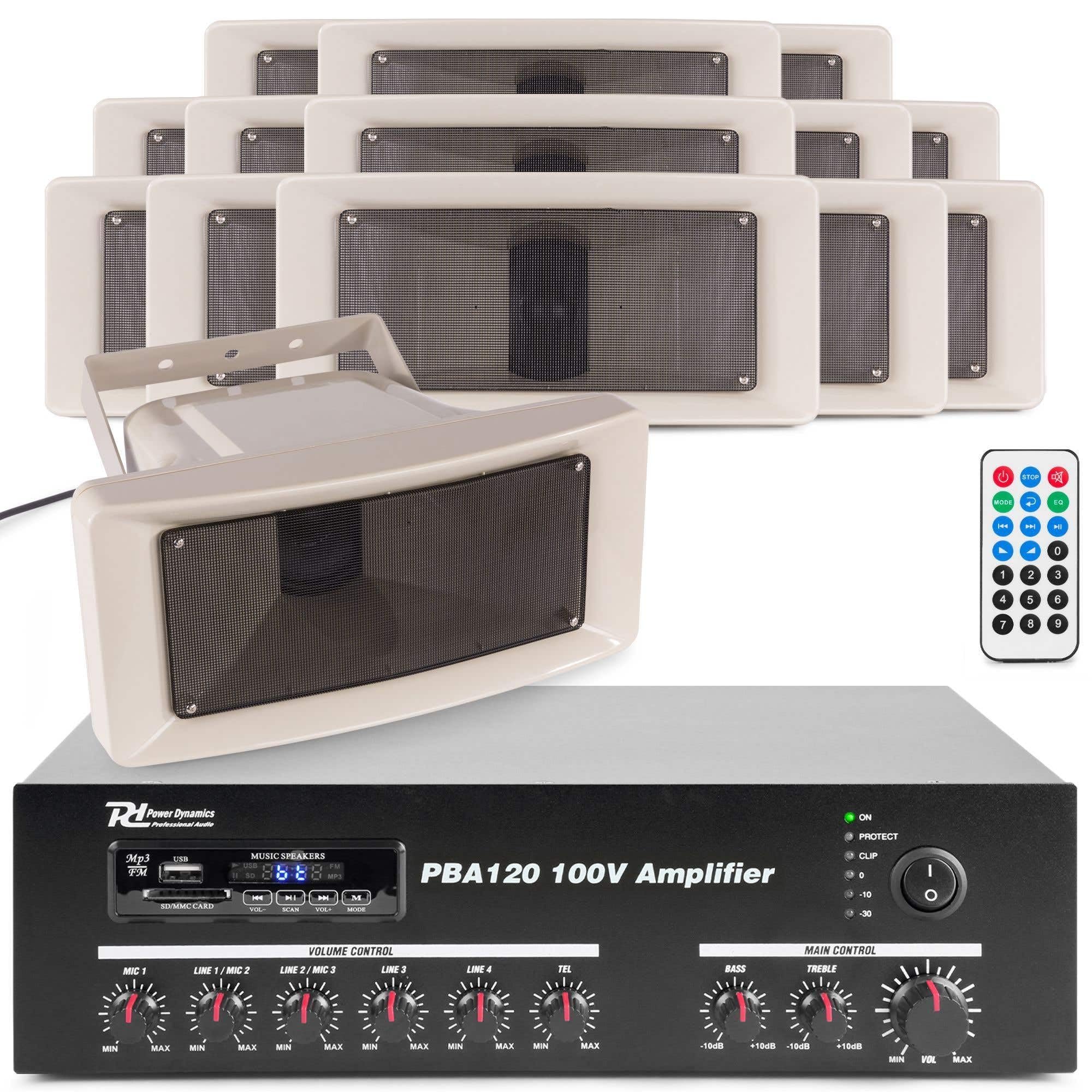Power Dynamics PBA120 – Pack de 14 Altavoces 100V HS30M IP66 con Amplificador Bluetooth 120W USB FM cableado Profesional y Conexiones RCA para megafonia Exterior e Interior, Color Gris