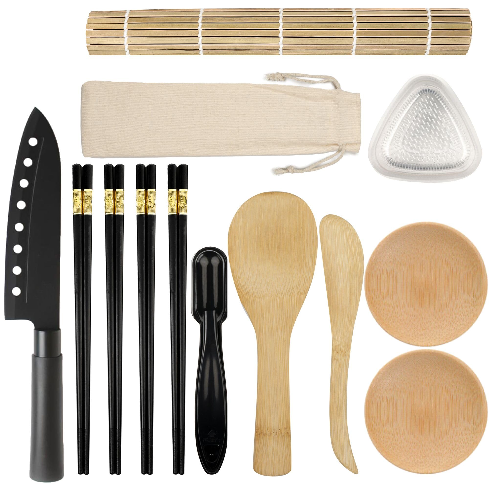 Set sushi completo. Kit sushi fai da te professionale da 17 pezzi. Kit per sushi composto da tappetino di bambù professionale, coltello, stampi di nigiri e onigiri, bacchette, cucchiaio... (Maker B)