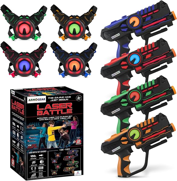ArmoGear Laser Tag Set: 4-Player Multi-Player Game for Kids & Adults | Rechargeable Guns with Vests, Digital LED Score D