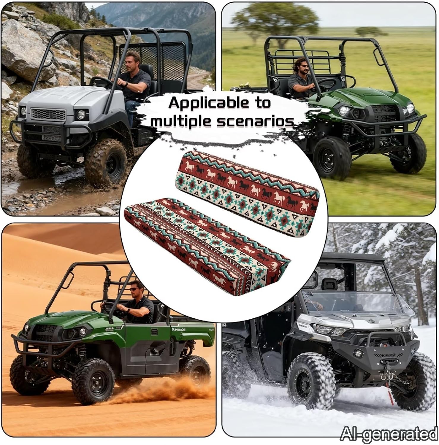 Pensura UTV Seat Covers Set Full Protection Seat Pad Cover for Kawasaki Mule 3000 3010 3020 4000 4010 2001-2024, UTV Bench Seats Cover Accessories - Red Western Horse Tribal Aztec