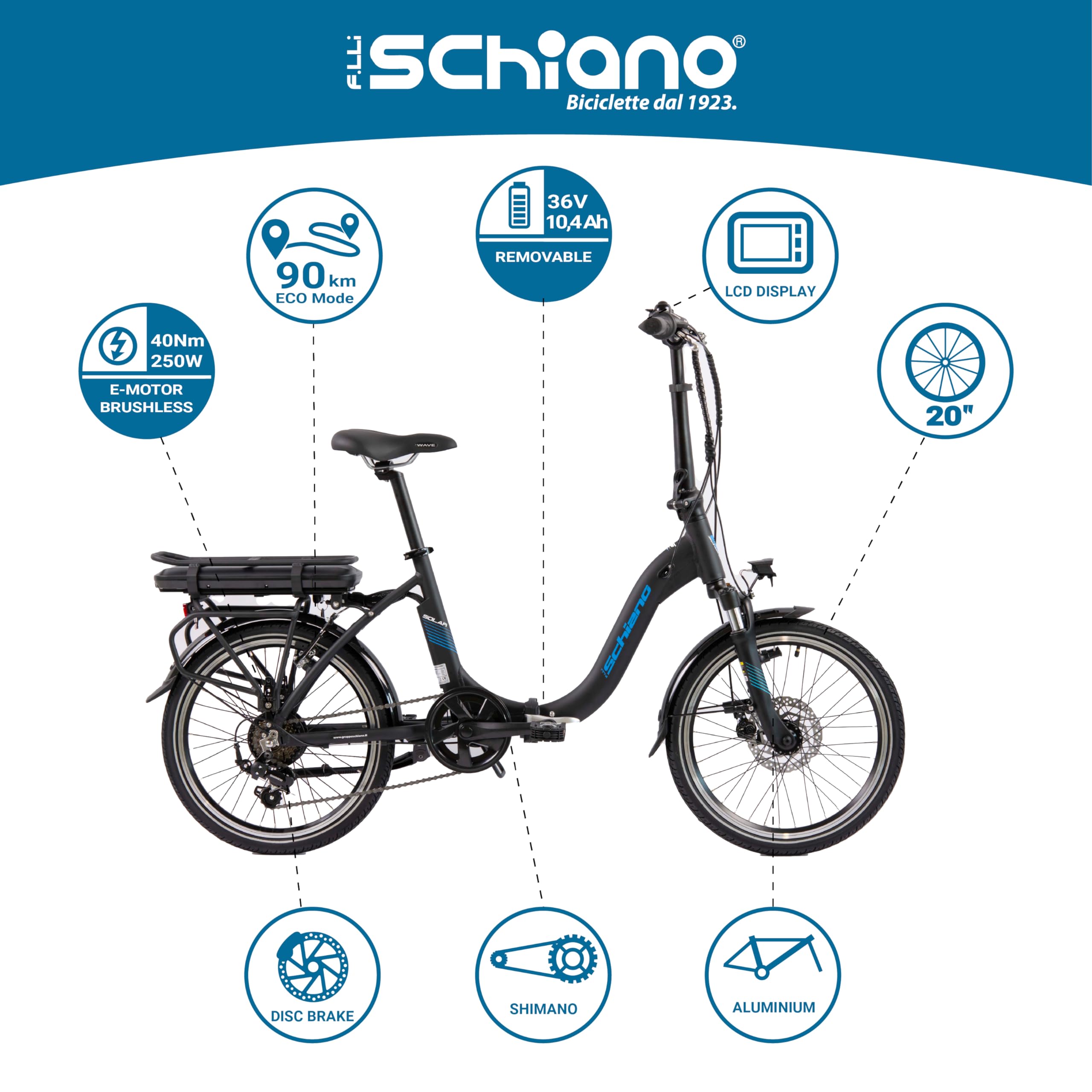 F.lli Schiano Solar, Bici Elettrica Pieghevole 20 Inches per Adulti, 36V 10Ah Batteria Rimovibile, Motore 250W 40Nm, City Ebike, Nero