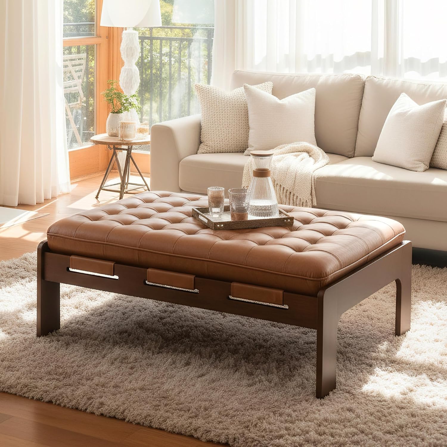 47.75" Brown PU Rectangle Ottoman Coffee Table Modern Oversized Tufted Top Center Table