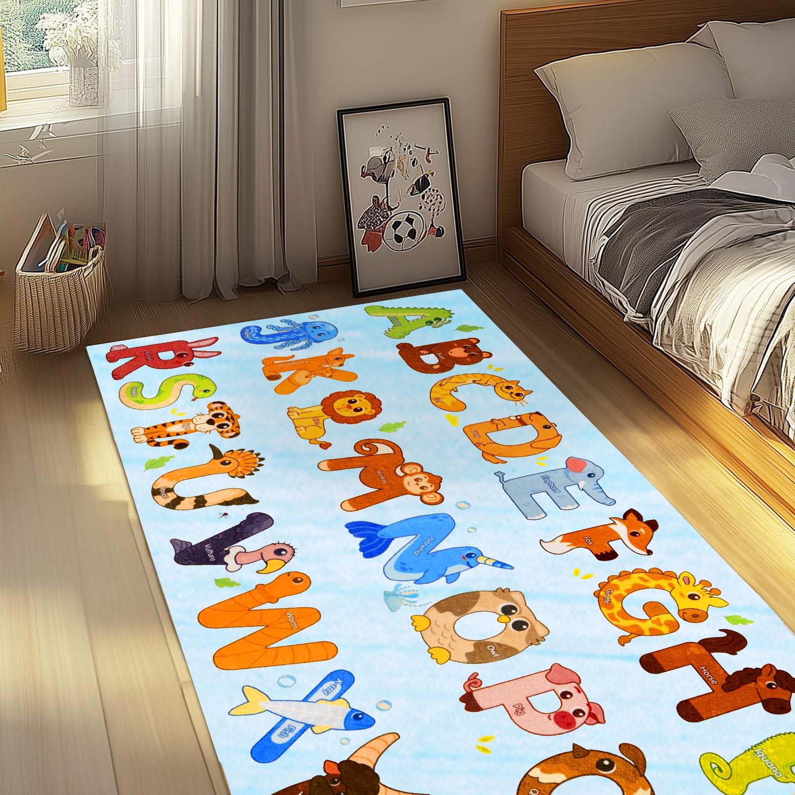 GthreeD Rugs for Playroom,Educational Rug for Learning ABC Alphabet & Animals,Soft & Non-Slip Machine Washable,Ideal for Exploration Game Perfect for Nursery Living Room Decor,Blue,80x150 cm - Image 2