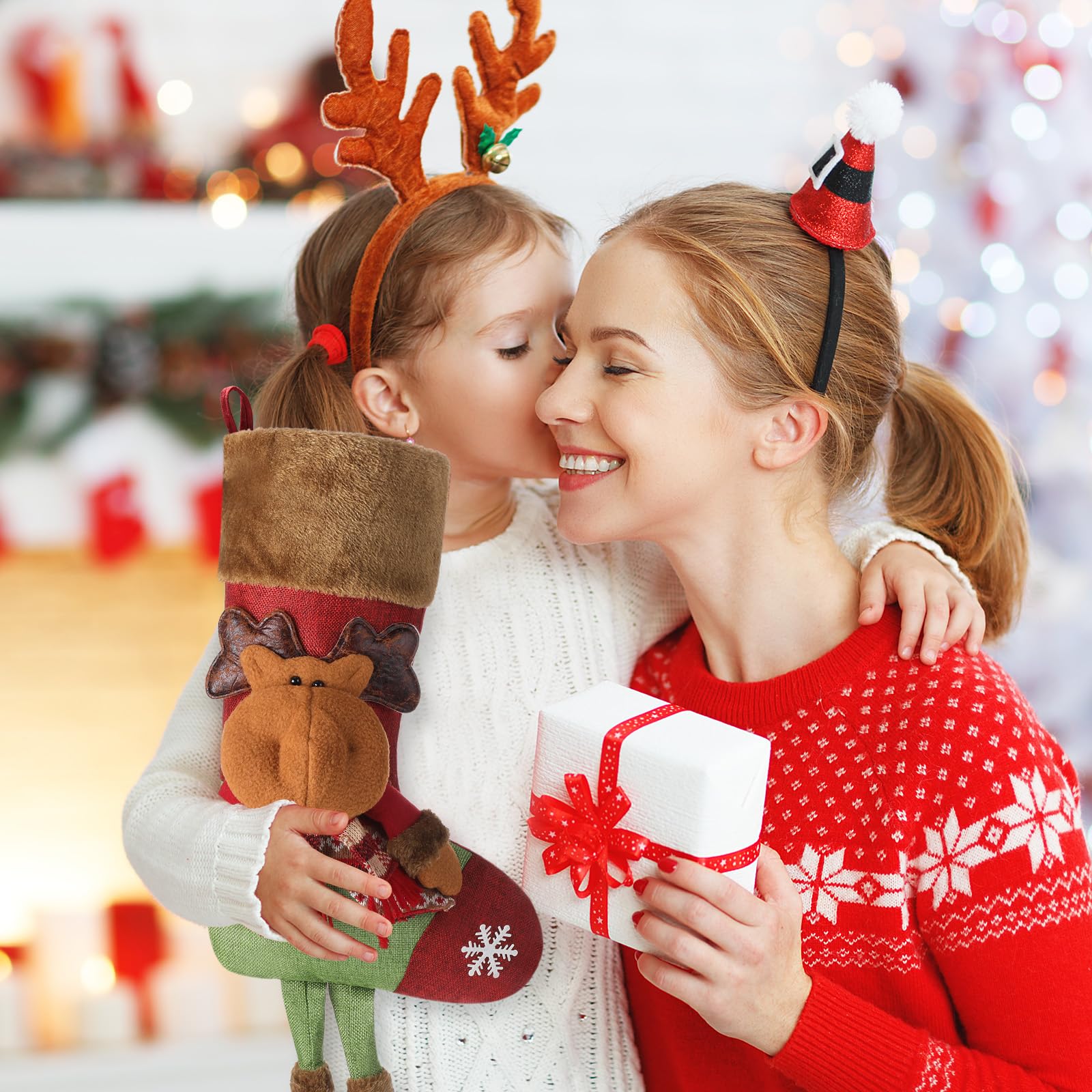 Foaincore Weihnachtsstrümpfe mit 6 Stück Weihnachtsstrumpfhalter aus Zinklegierung, 3D-Weihnachtsmann, Schneemann, Rentier, Kamin, verstellbare Halterungen für Weihnachten, Familie, Urlaub, Kaminsims