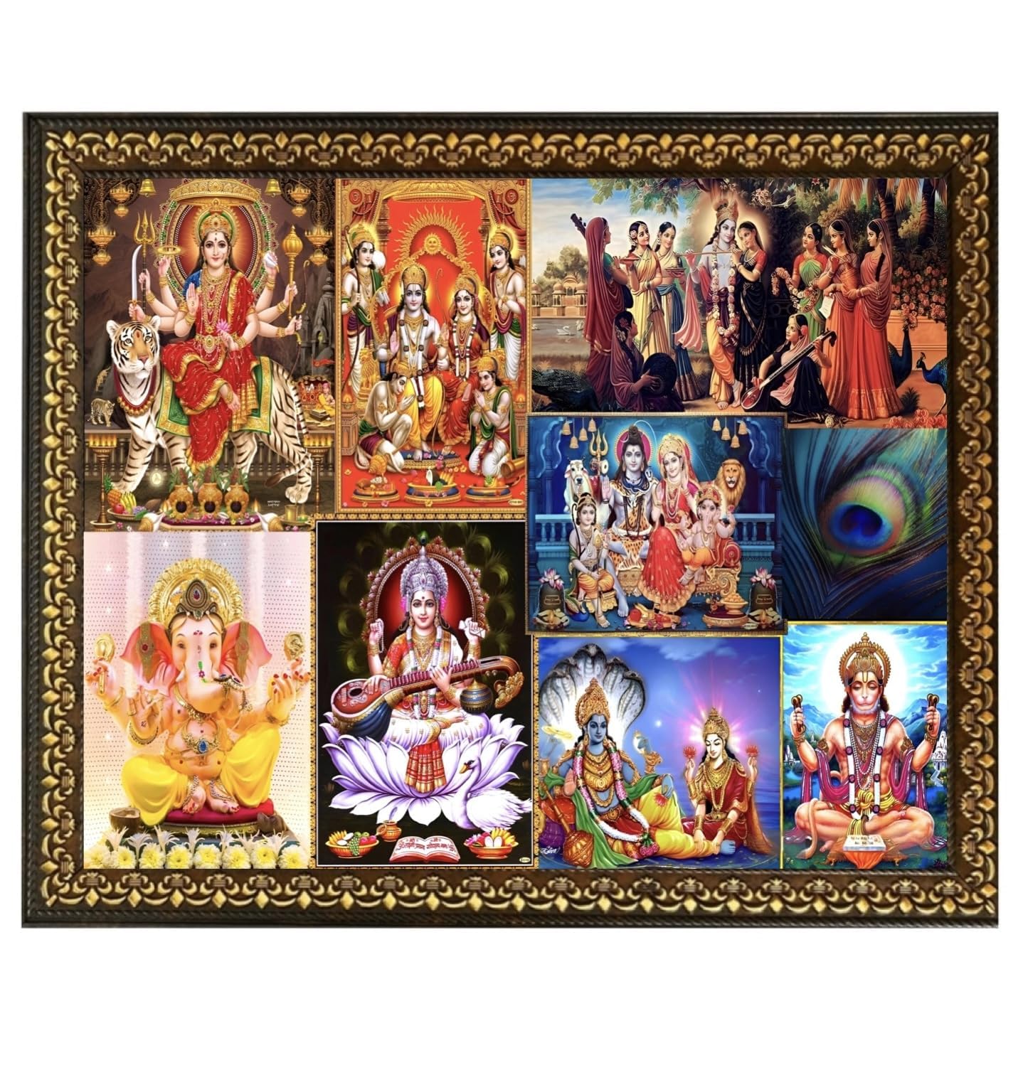 MYTHOLOGY CENTRE 8 in one gods photo frame | Durga mata | ram darbar | lord hanuman | lord ganesha | radha Krishna | shiv parivar | saraswati mata| for pooja and mandir size (10x12) inch