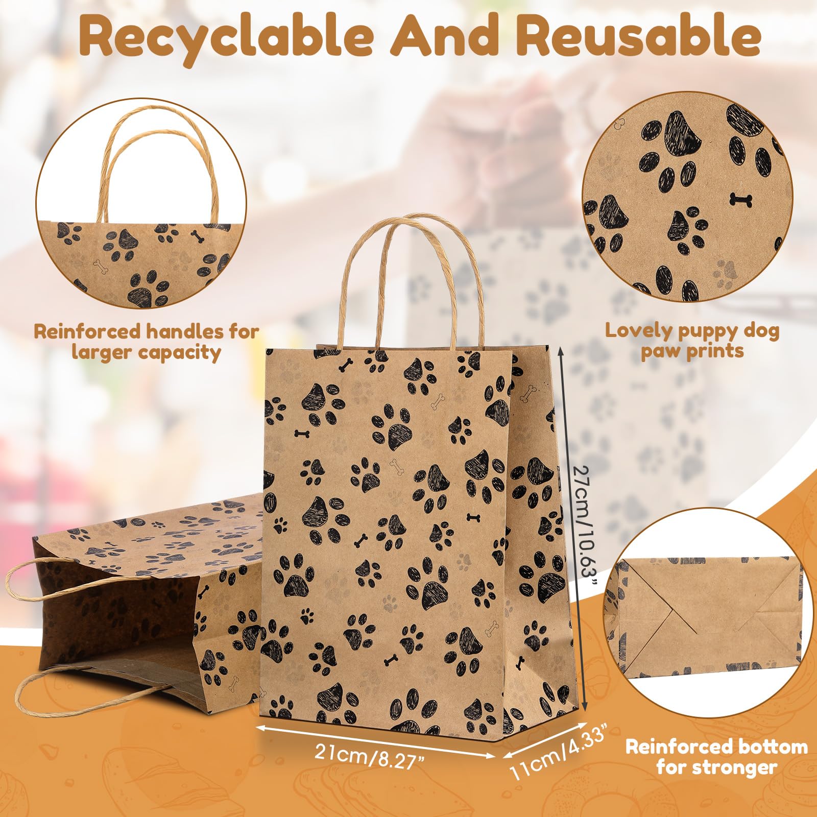 50 Pcs Large Puppy Dog Paw Print Gift Bags with Paper Handles - 10.6x8.3x4.3 Inch Kraft Dog Treat Paper Bags for Pet Treat Party Favor Birthday Gift (Brown)