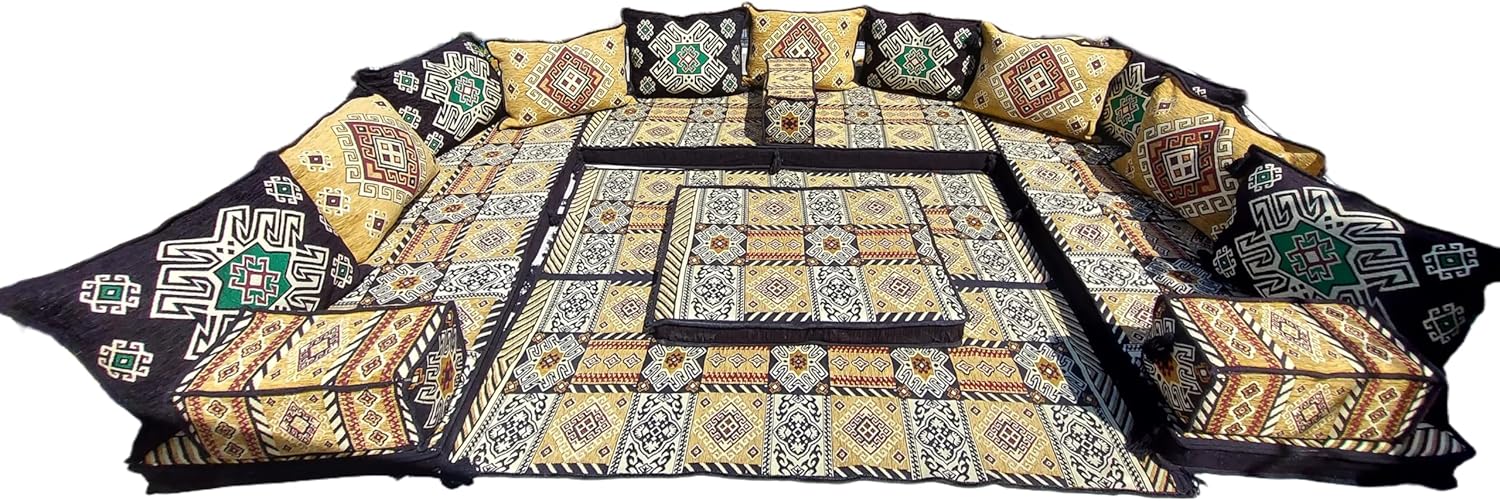 arabicsofa U Shaped Arabic Floor Sofa Set – Yellow Modular Majlis Seating with Backrest Pillows, Moroccan Style Living Room Floor Cushions