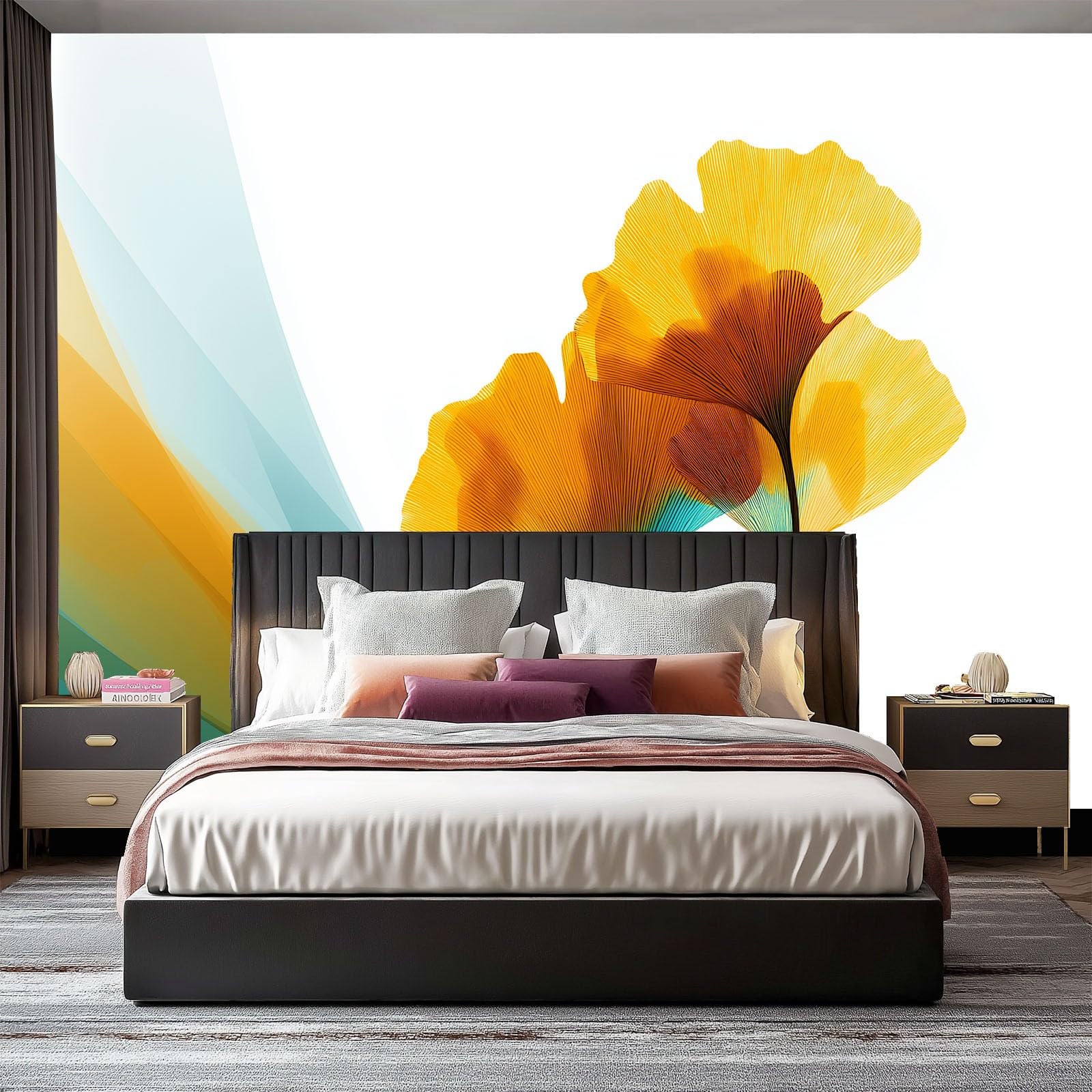 Carta da parati Fotomurale in una Versione su Misura 250 x 175 cm (L x A), Astratto Minimalismo Foglia Di Ginkgo Carta da Parati Murale (Blu-Verde) – per Soggiorno TV Hotel e Corridoio a Tema