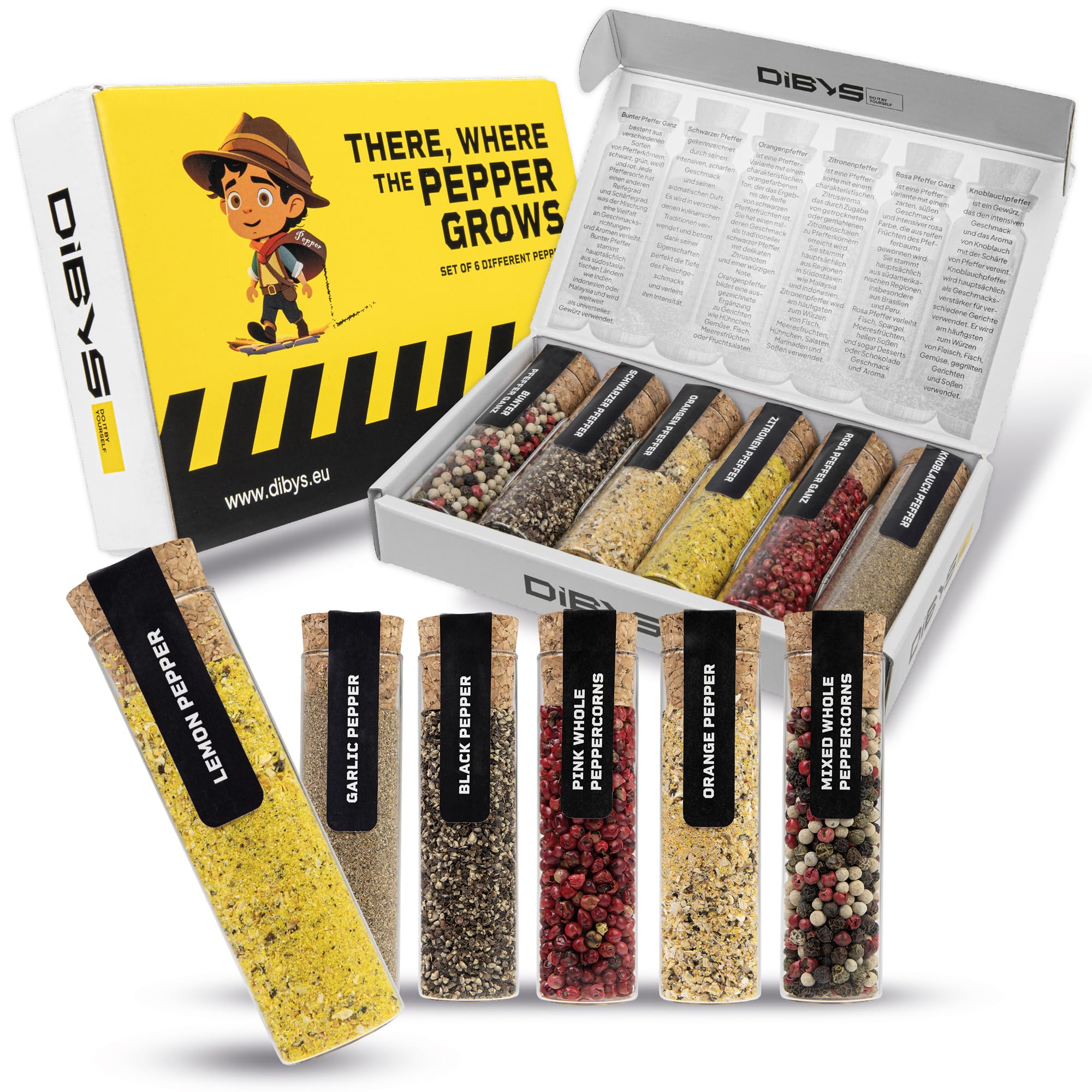 DIBYSWHERE THE PEPPER GROWS Pepper Gift Set | Exquisite Selection of 6 Pepper Varieties with Recipes | Exciting Spice Sets for Cooking & Seasoning | Unusual Gifts for Cooks & Foodies | Spices Kits