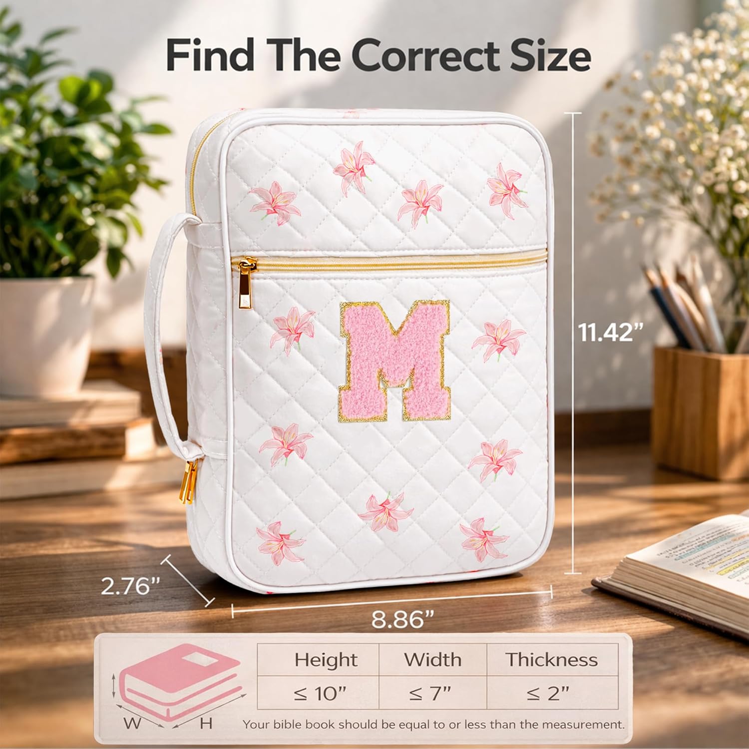 Bible Bag for Women, Bible Cover Case with Study Supplies, Initials Personalized Quilted Bible Bag, Large Chenille Bible Cover – Christian Gift for Girls (Pink Lilies-M)