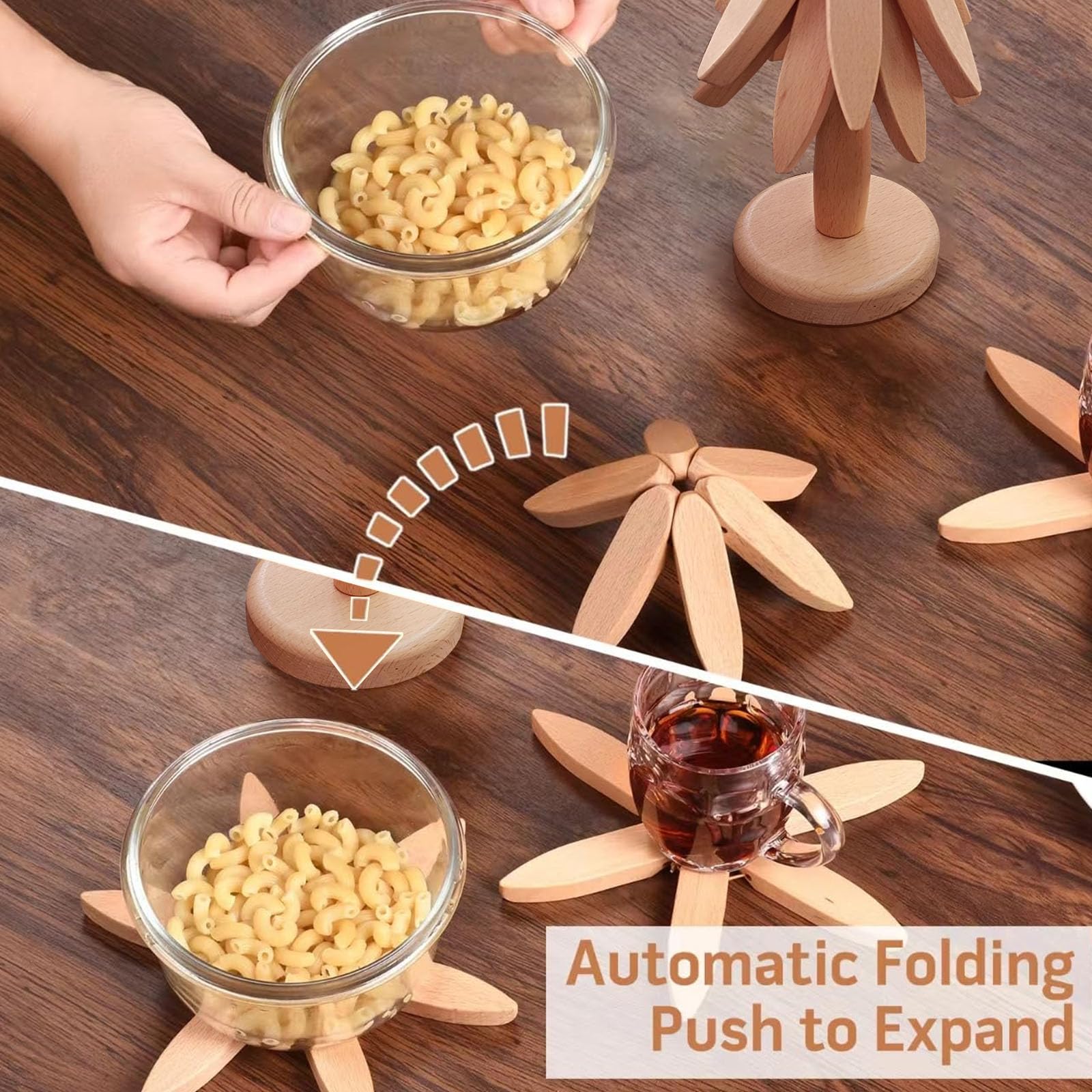 Sottopentola In Legno A Forma Di Albero - Set Da 4 Pezzi + Supporto - Sottobicchieri Per Piatti Caldi E Pentole - Design Espandibile, Noce Nero - 2
