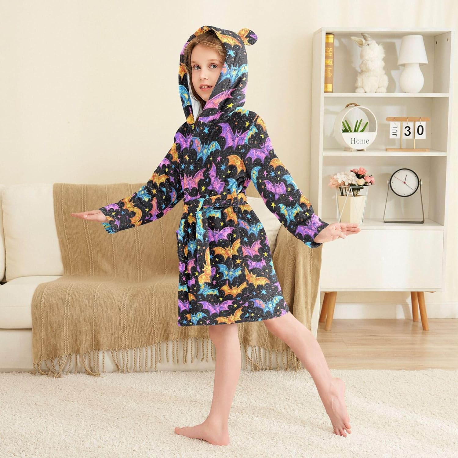 Halloween Bright Colorful Bats Bathrobe Hooded PJ Robe Soft Fleece Robe Pajama Sleepwear 2-12 Years
