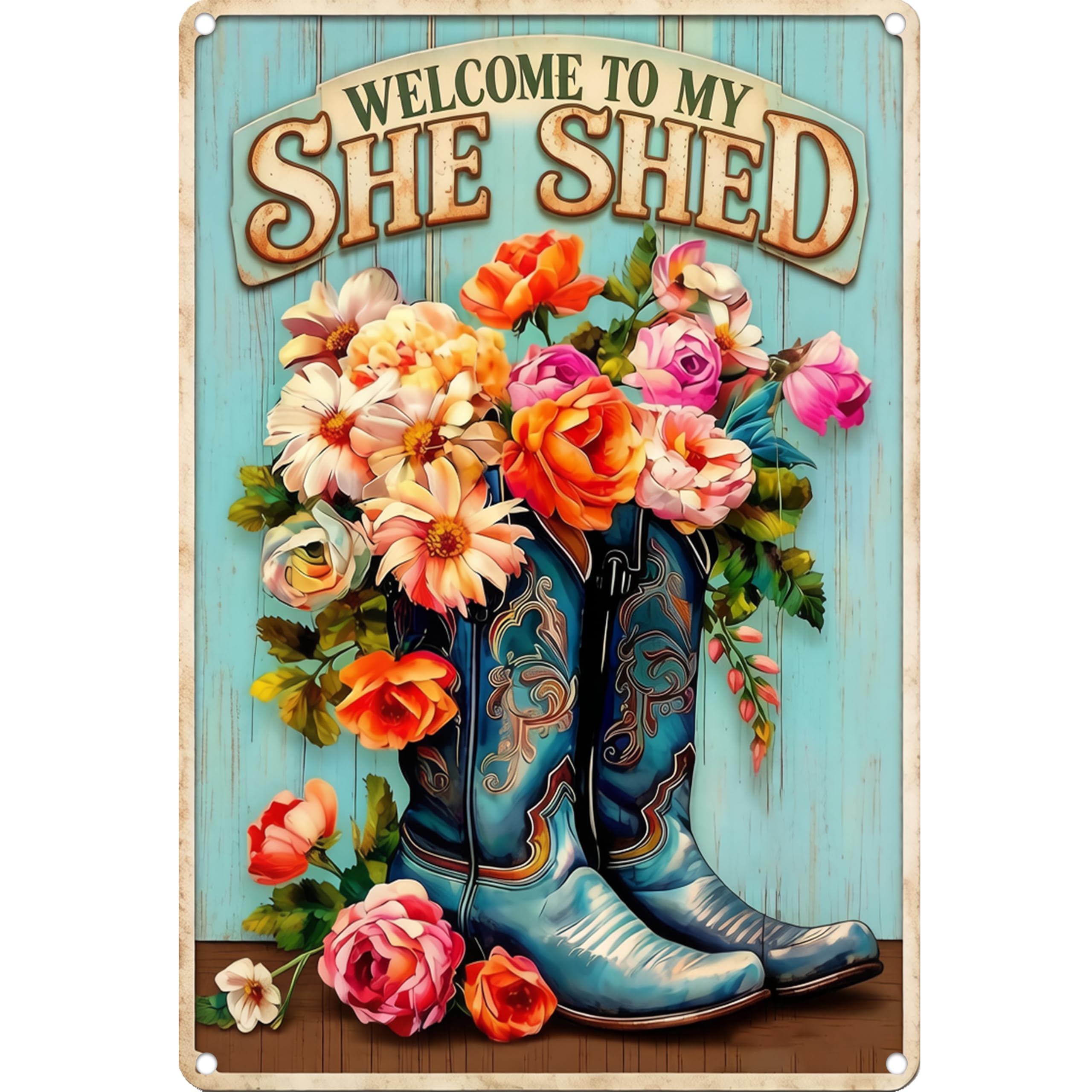 "Welcome to My She Shed" Metal Sign,Plants Gifts Gardening,Vintage Cowboy Boots Floral Tin Sign,Farmhouse Garden Decor,She Shed Wall Art for Women 8x12 Inch