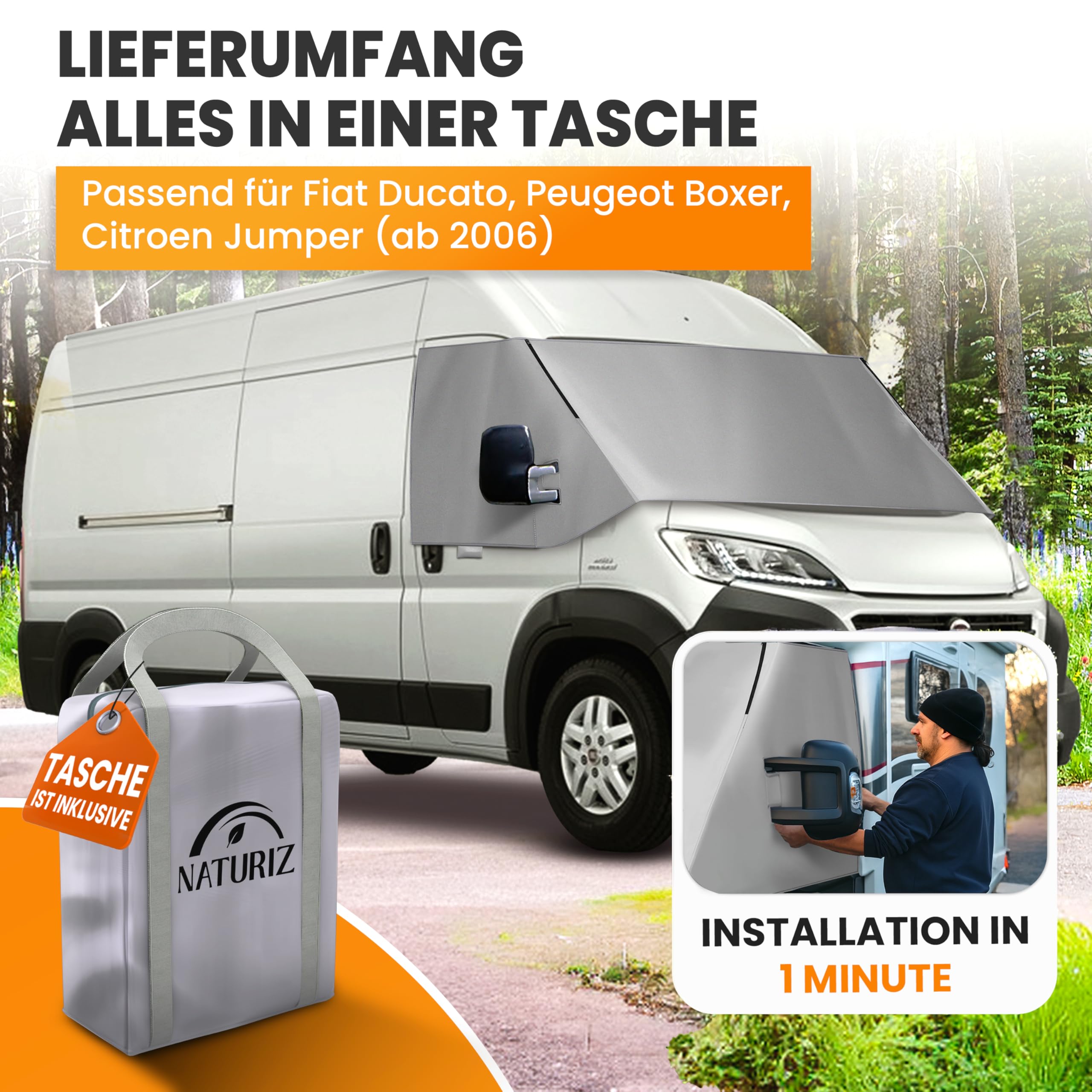 NATURIZ® FIAT Ducato Frontscheibenabdeckung – hochwertige, wetterfeste Thermomatte außen mit effektivem Sonnenschutz für Wohnmobile – passend für Ducato, Jumper, Boxer 2006–2025 (Grau)