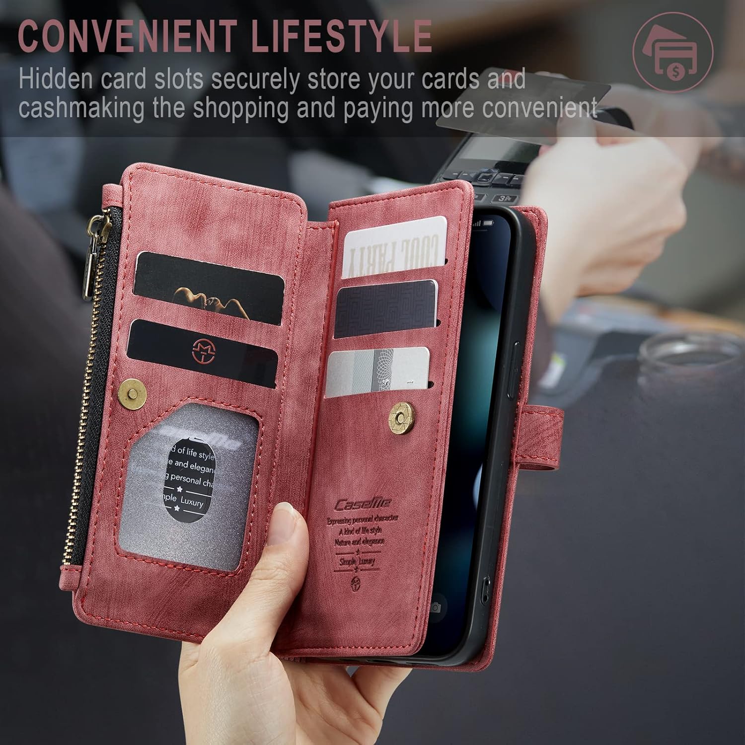 iPhone 13 5G Wallet Case with Card Holder Kickstand Magnetic Zipper Pocket Lanyard Strap Wristlet,Leather Flip Case Wallet for iPhone 13 5G 6.1 Inch(Red)