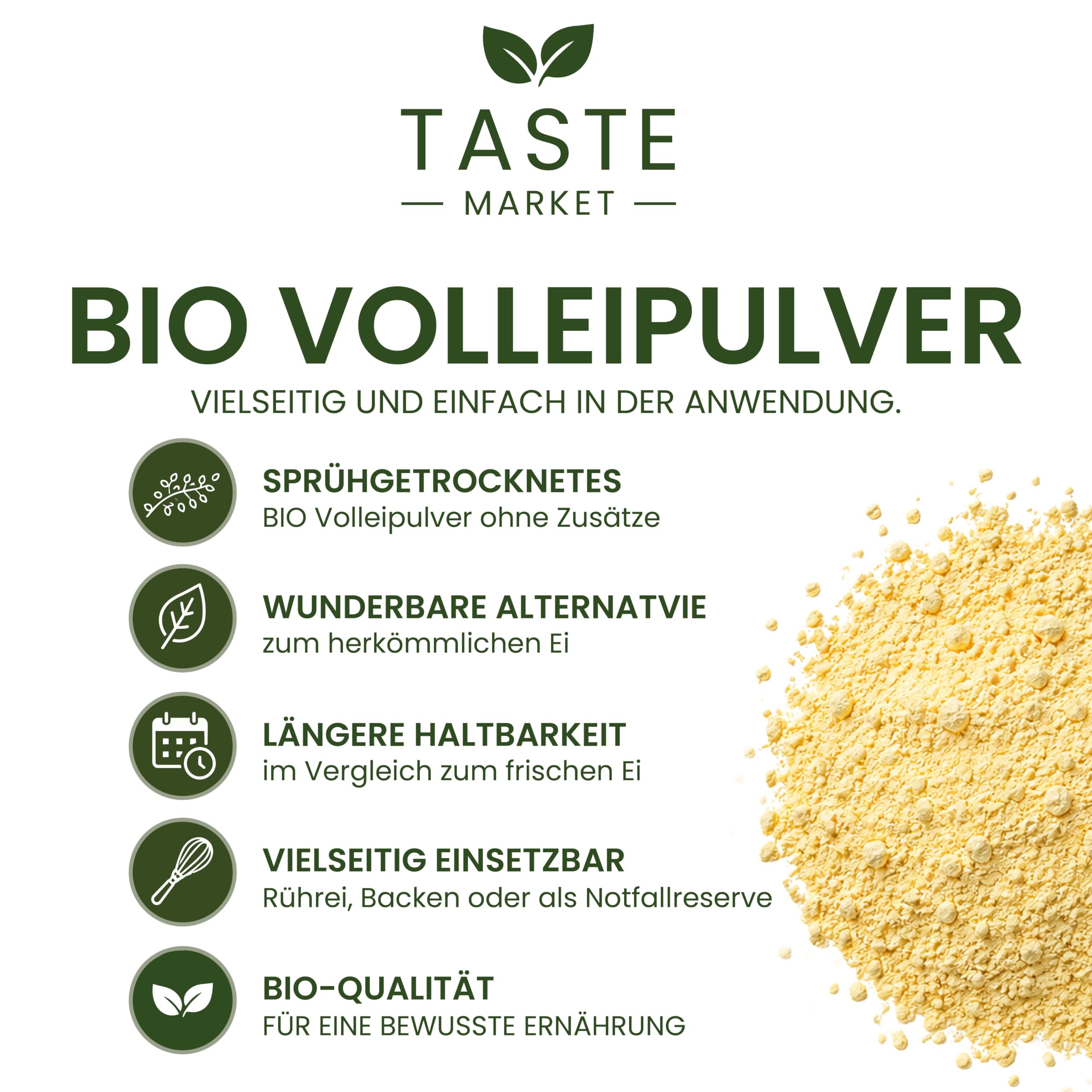 2 x 1 kg BIO Volleipulver | Rührei Kochen Backen | Ei Ersatz | Sprühgetrocknet | Vollei | TASTE MARKET