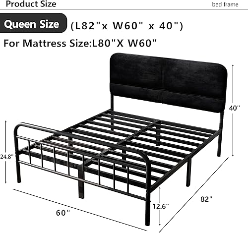 Miniatura 2 de Base de cama de 14 pulgadas de metal, base de cama tamaño Queen con cabecera tapizada, base de colchón resistente y de alta capacidad, fácil Negro