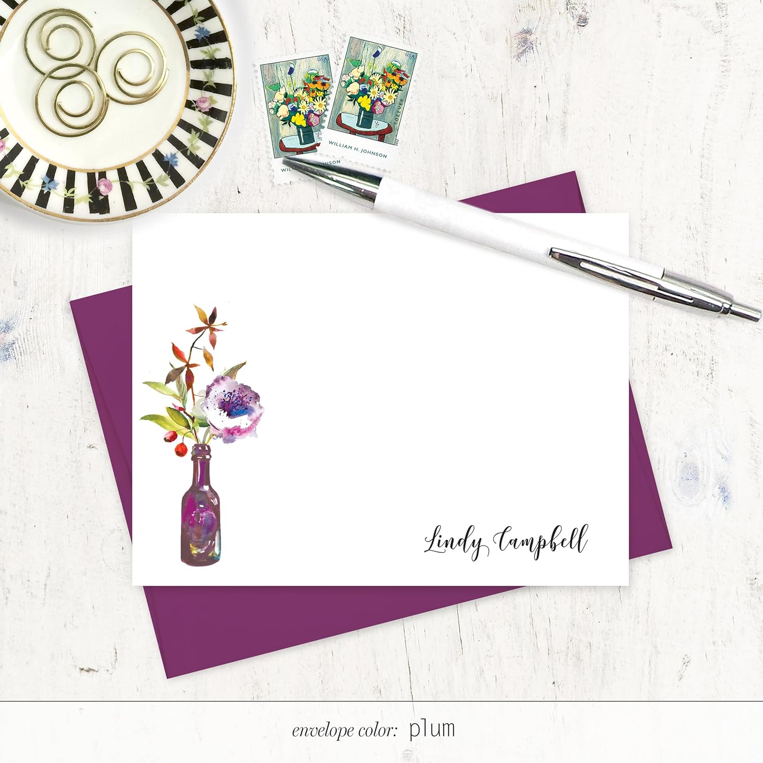 Personalized Note Cards – Watercolor Flowers in Purple Wine Bottle, Flat Cards, Set of 12