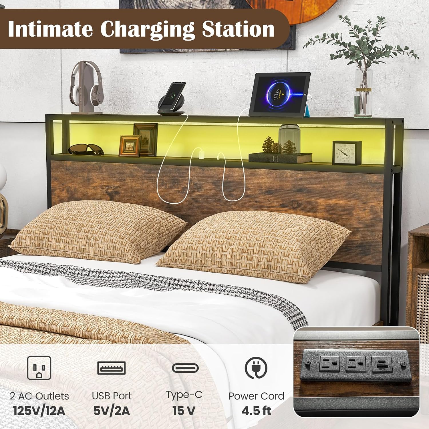 KOMFOTT Industrial Queen LED Bed Frame with Charging Station & 4 Storage Drawers, Metal Platform Bed with LED Storage Headboard & Type-C Port, Noise Free, No Box Spring Needed, Rustic Brown