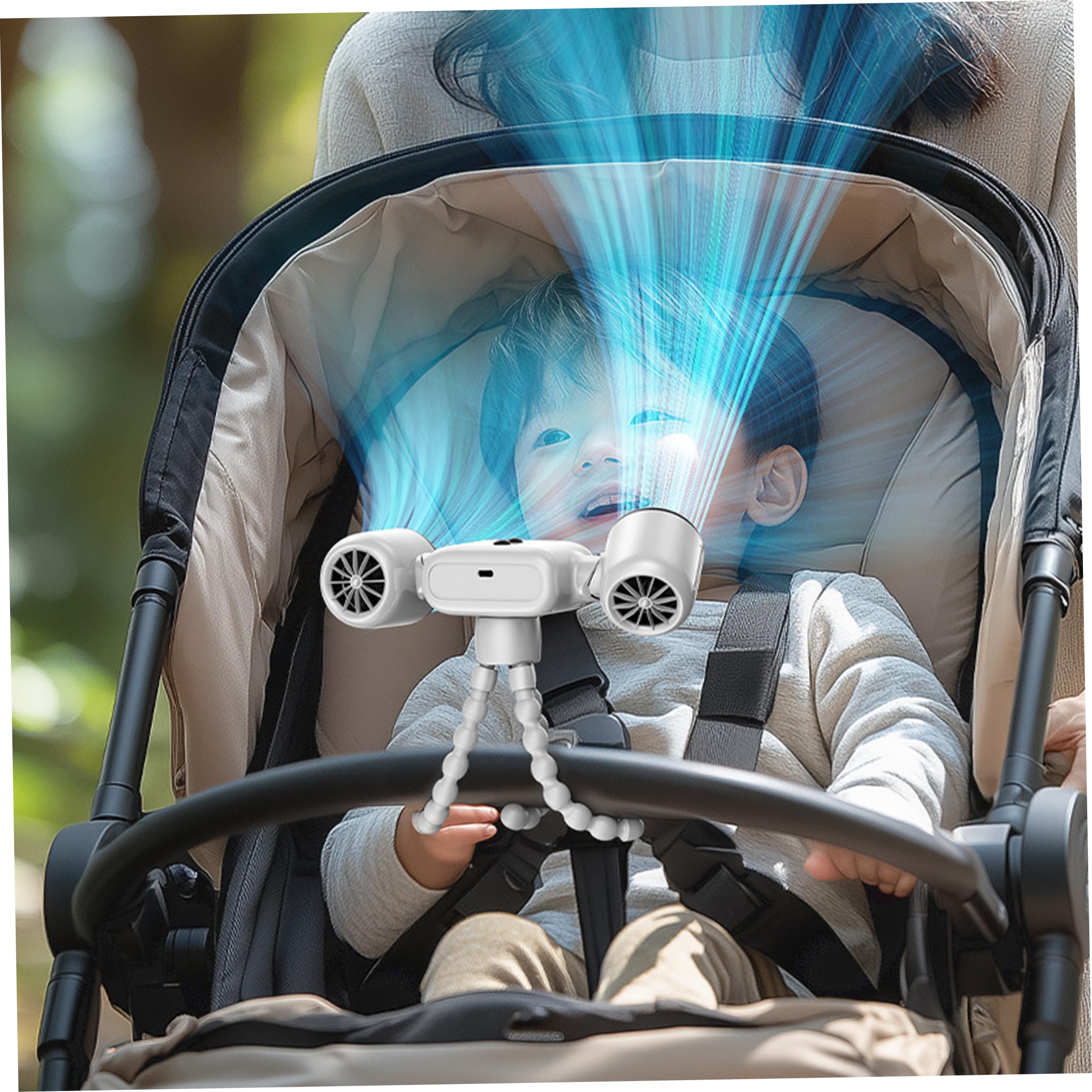 Ventilatori da scrivania, Ventilatore per Passeggino, Doppia Testa Ricaricabile, Bianco, 3 velocità | Design flessibile con clip, sicuro per i più piccoli, ideale per passeggini e viaggi in auto