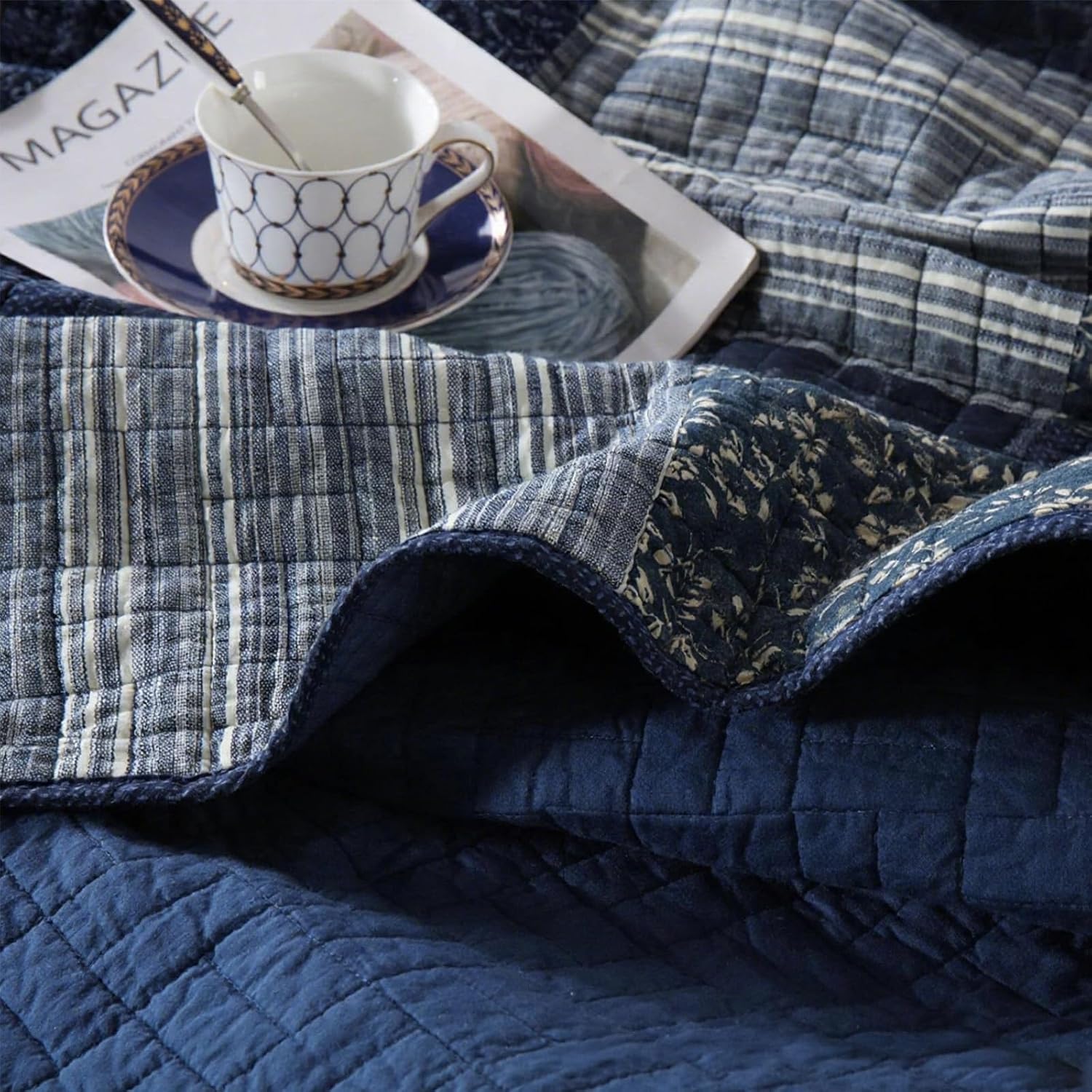 ABREEZE Quilts Queen Size - 100% Cotton Queen Comforter Set Navy Grey Plaid Farmhouse Quilt Bedding Set, Reversible Lightweight Soft Bedspread, Quilted Coverlet All-Season, 3-Piece